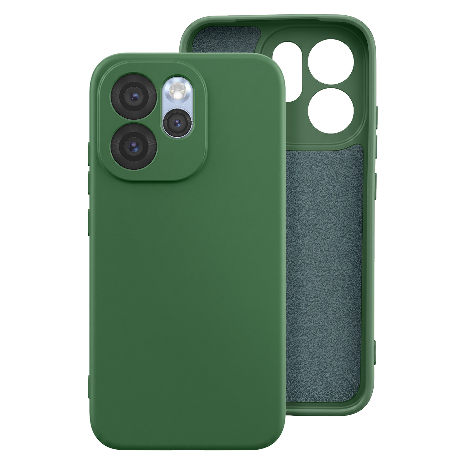 Funda verde para teléfono con recorte de cámara e interior texturizado.