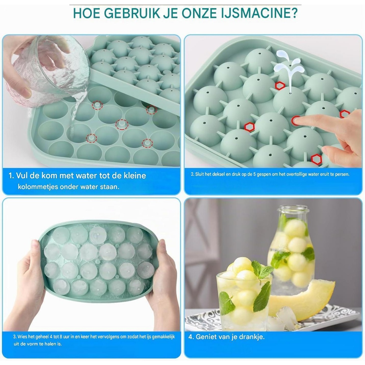 Anleitung für eine Eismaschine in vier Schritten: Befüllen, Verschließen, Einfrieren, Genießen.