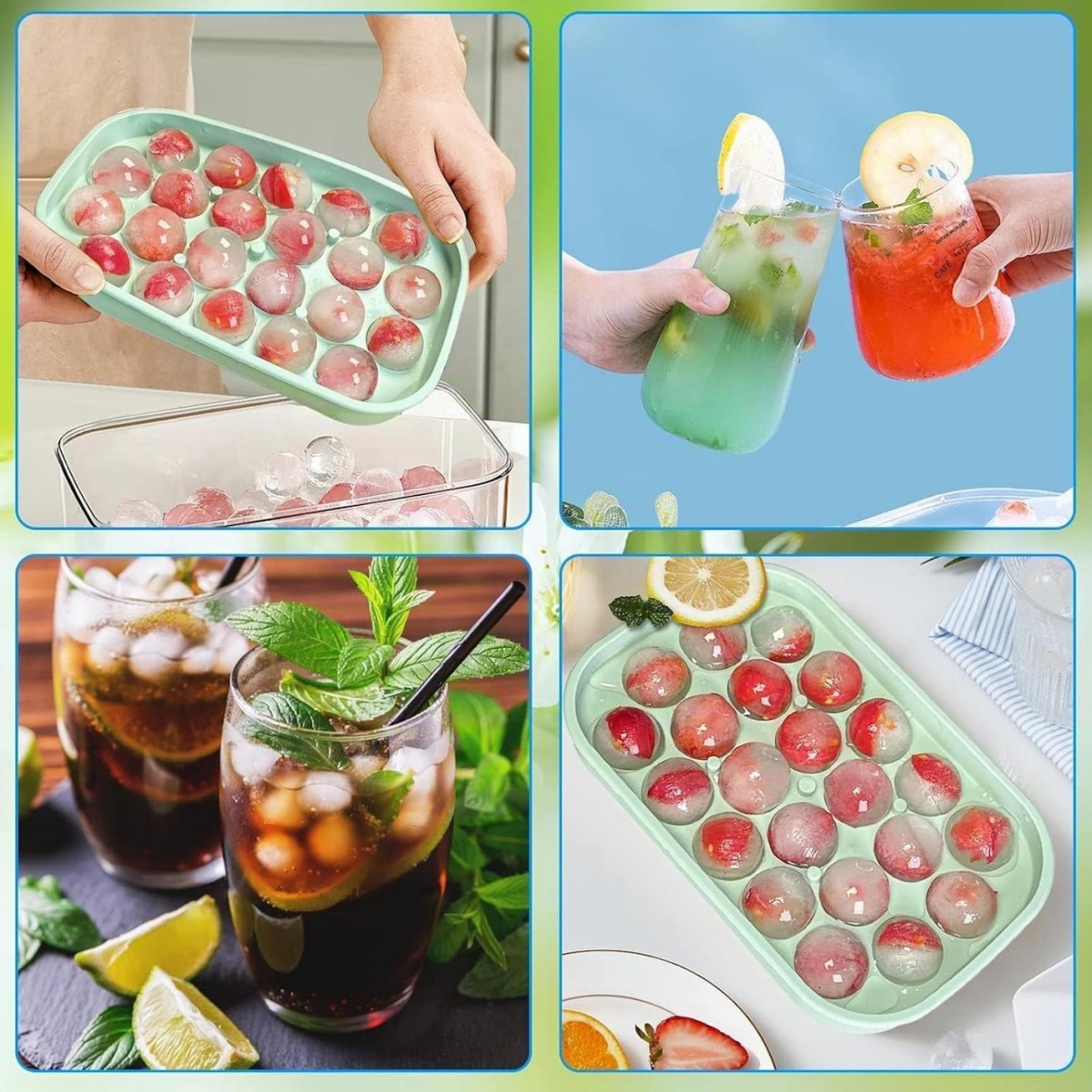 Eiswürfelformen mit runden Eiswürfeln, Getränken und Früchten.