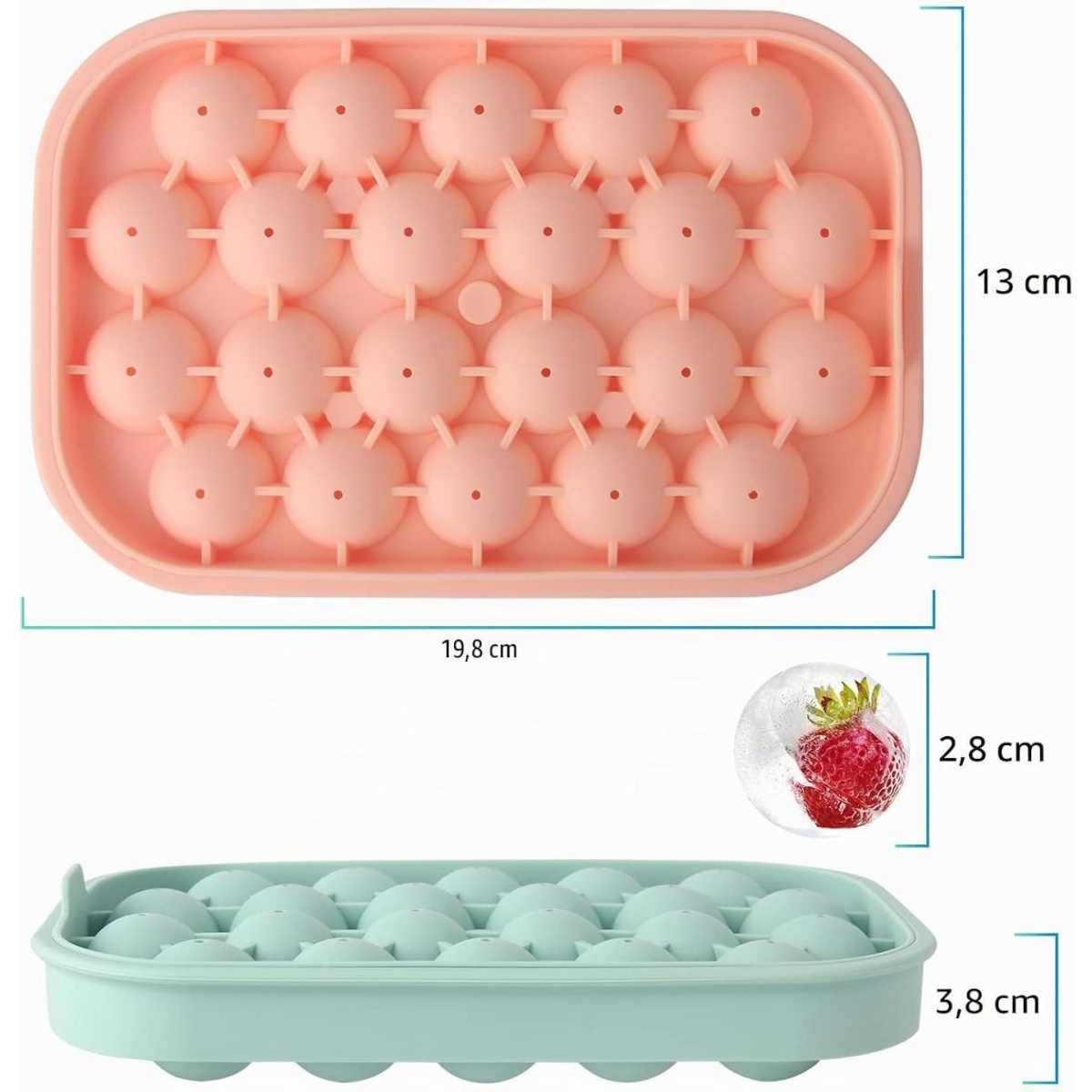 Zwei Eiswürfelformen, eine rosa und eine mintgrüne, mit runden Fächern.