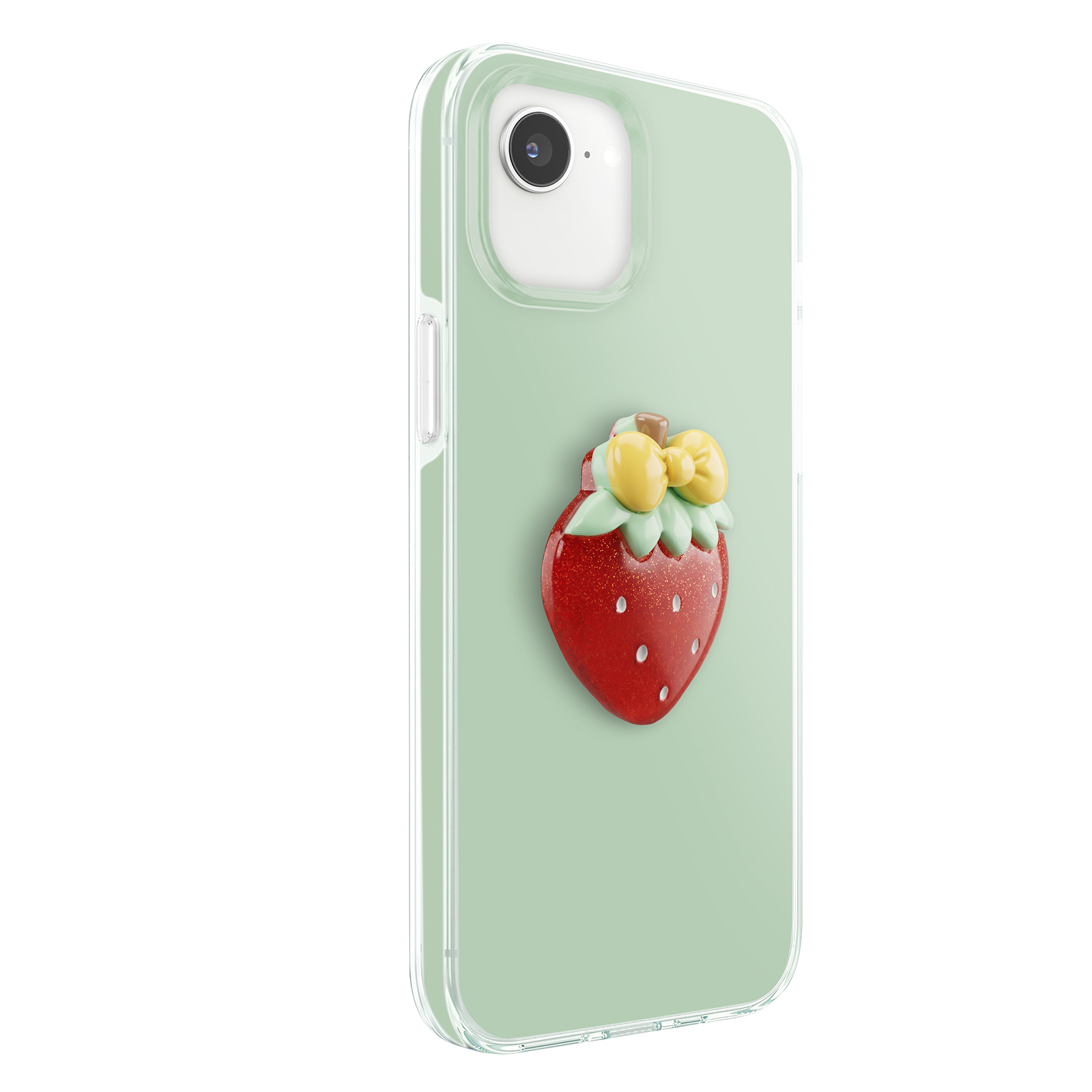 Ein hellgrünes Handycase mit einem roten Glitzer-Erdbeeren-Anhänger mit gelber Schleife.