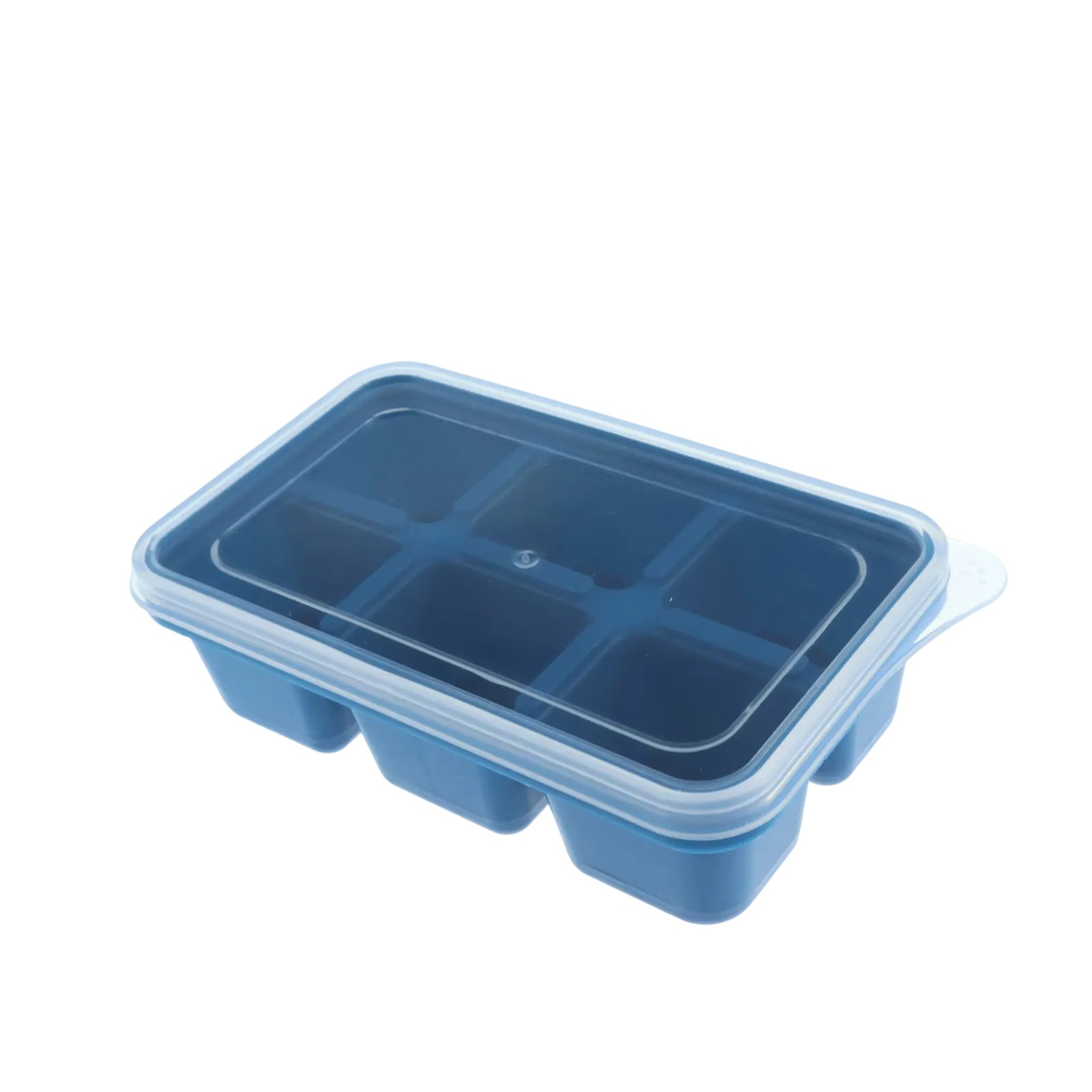 Blaue Eiswürfelform mit sechs Fächern und durchsichtigem Deckel.