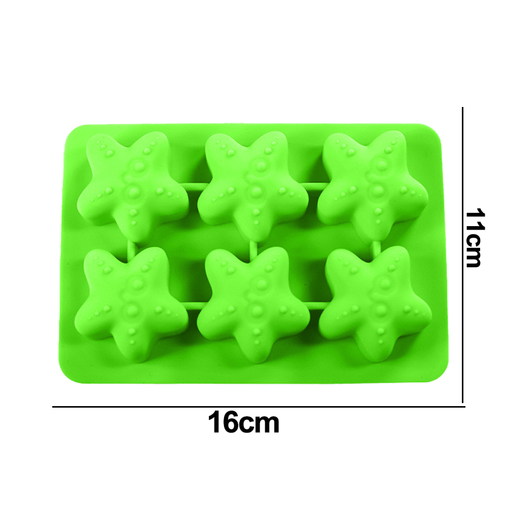 Grüne sterneförmige Silikonform mit 6 Mulden. Maße 16cm x 11cm.