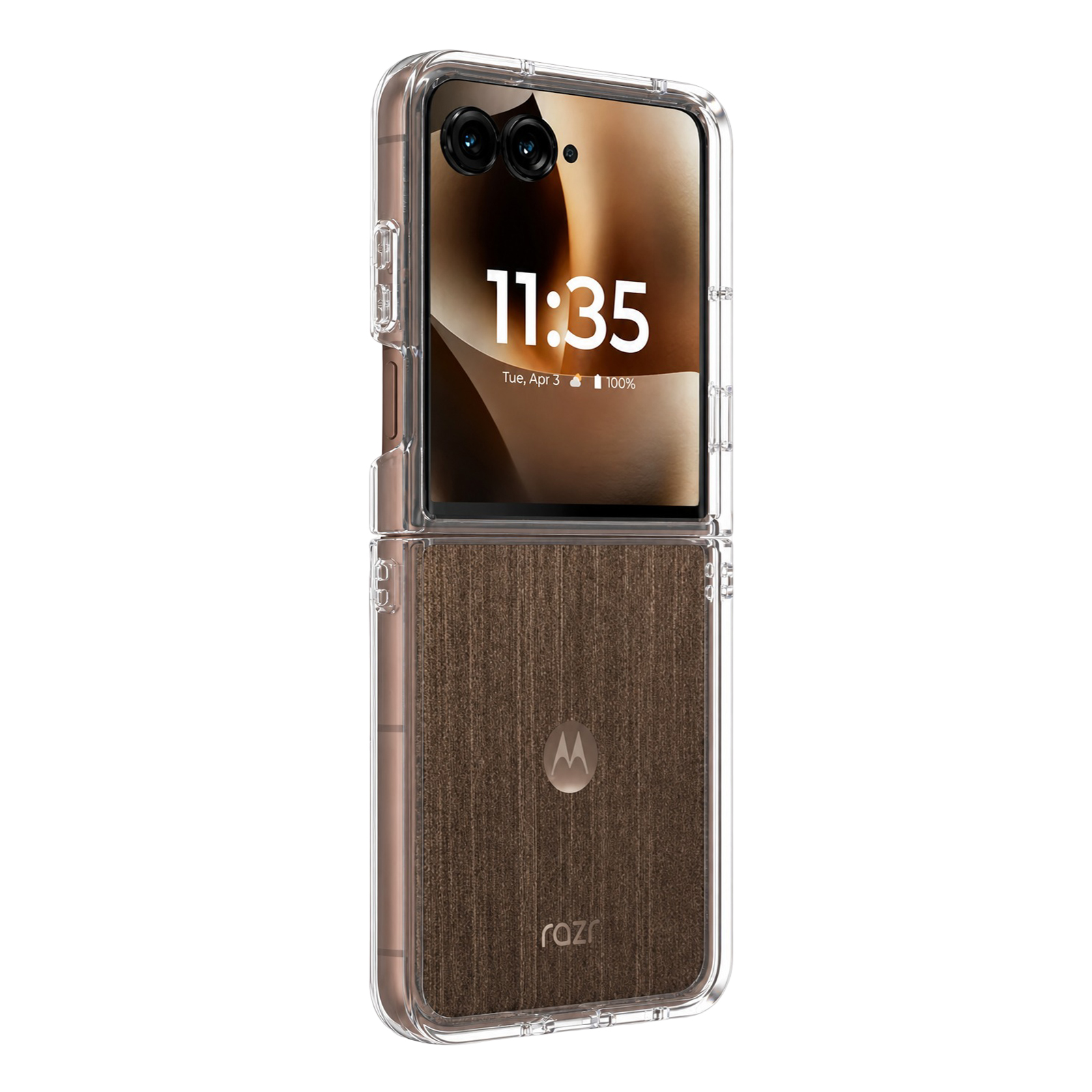Ein aufgeschlagenes Smartphone mit braunem Holzmaserungs-Rückdeckel und Motorola-Logo.
