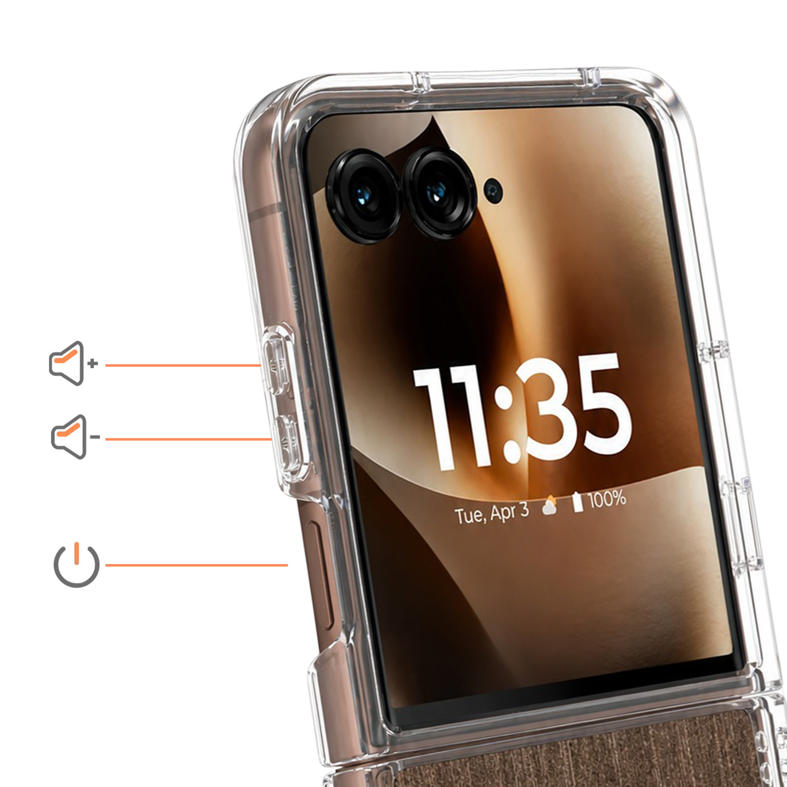Ein durchsichtiger Handyhülle umgibt ein Smartphone mit doppelter Kamera und "11:35" auf dem Bildschirm.
