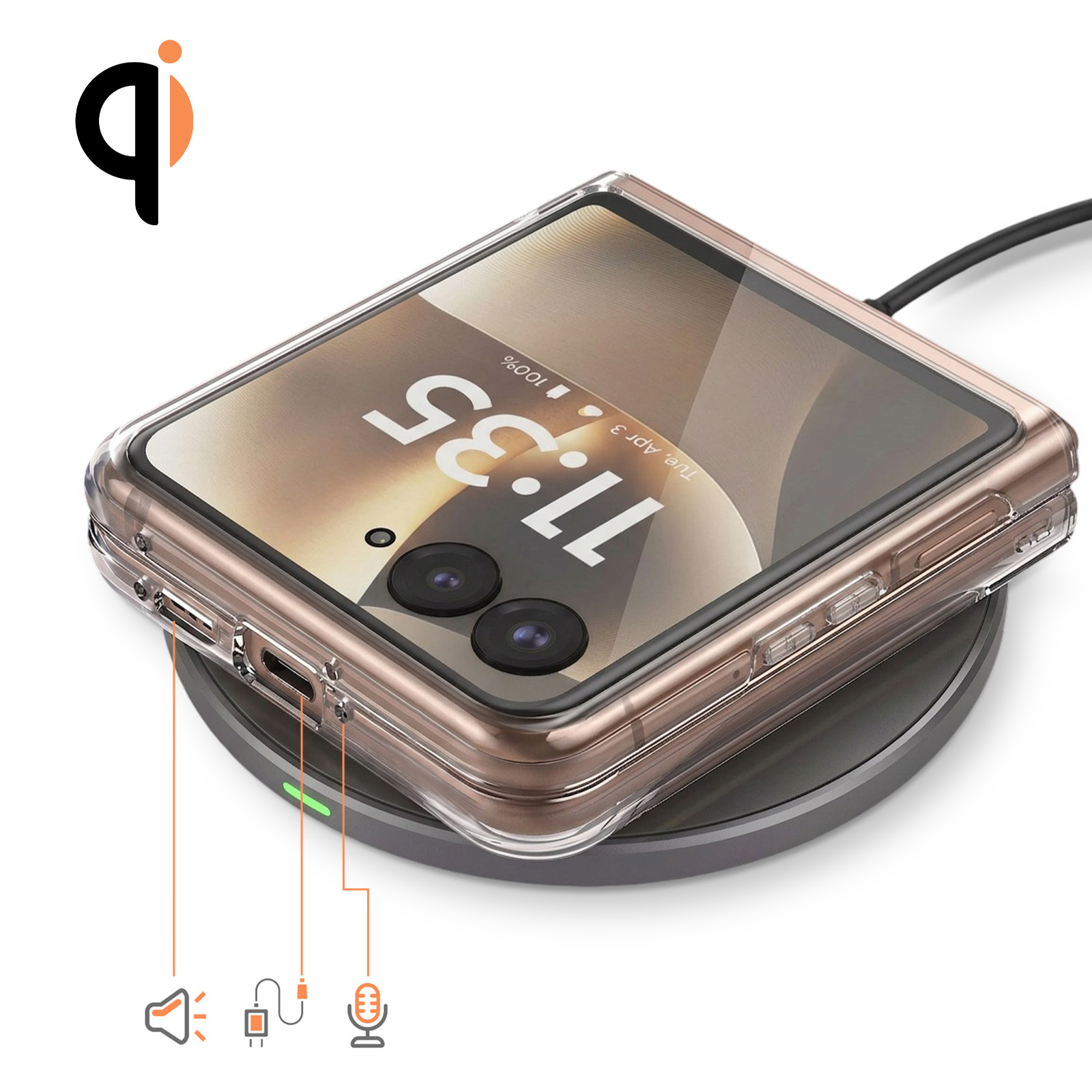 Ein transparentes Handy auf einem kabellosen Ladegerät mit Qi-Logo.