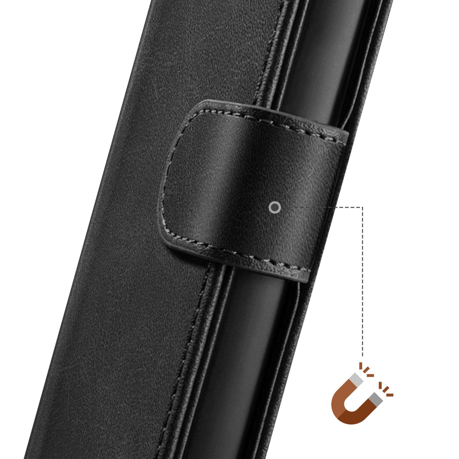 Funda de cuero negra con cierre magnético y un icono de imán de herradura.