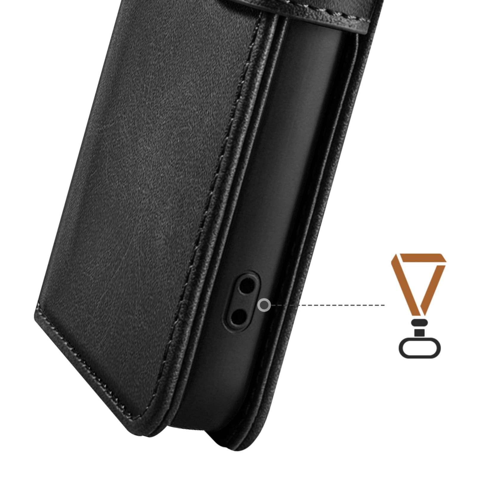 Funda de cuero negra con un teléfono dentro. Se muestra un bucle para cordón.