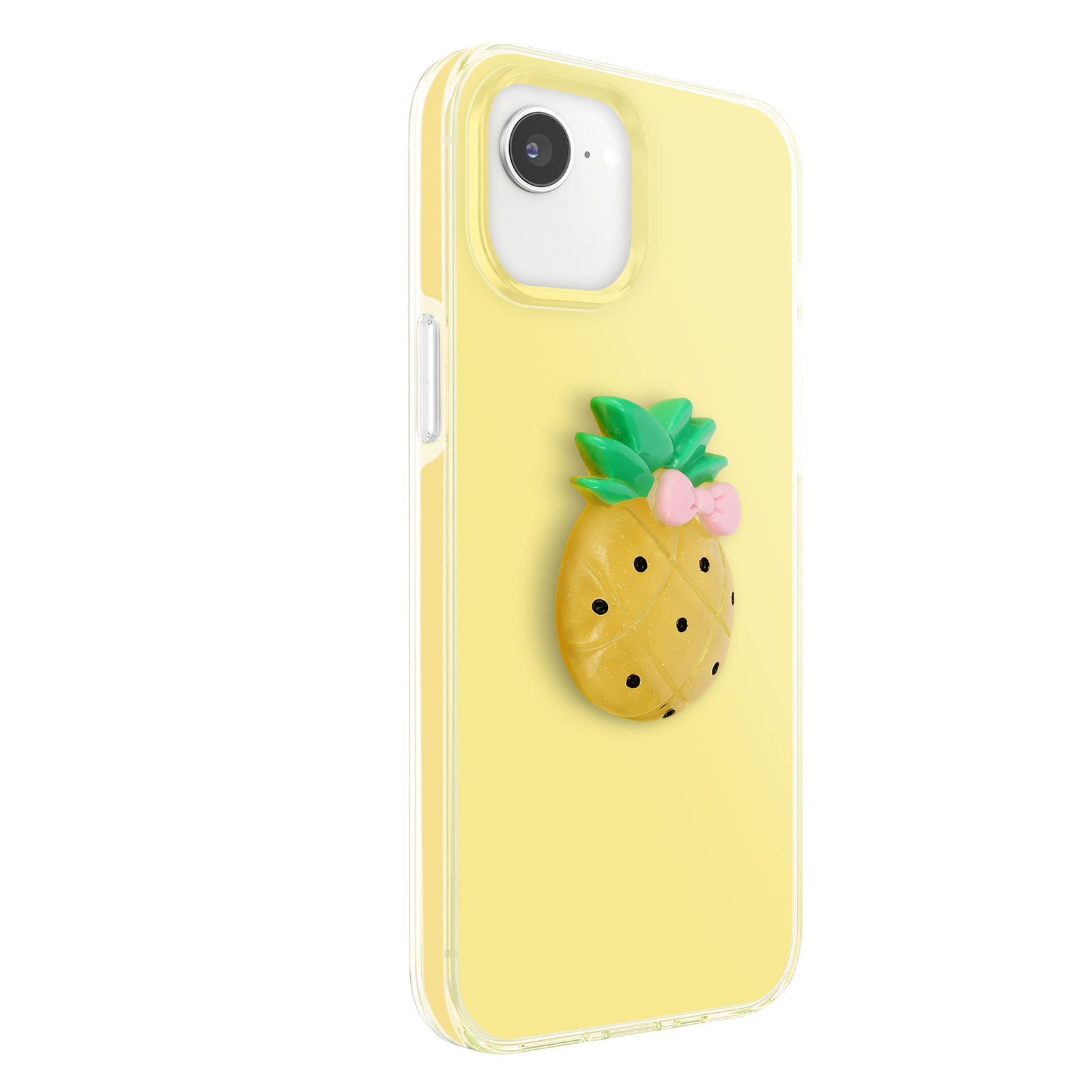 Ein gelbes Handyhülle mit einem niedlichen Ananas-Aufkleber mit Schleife.