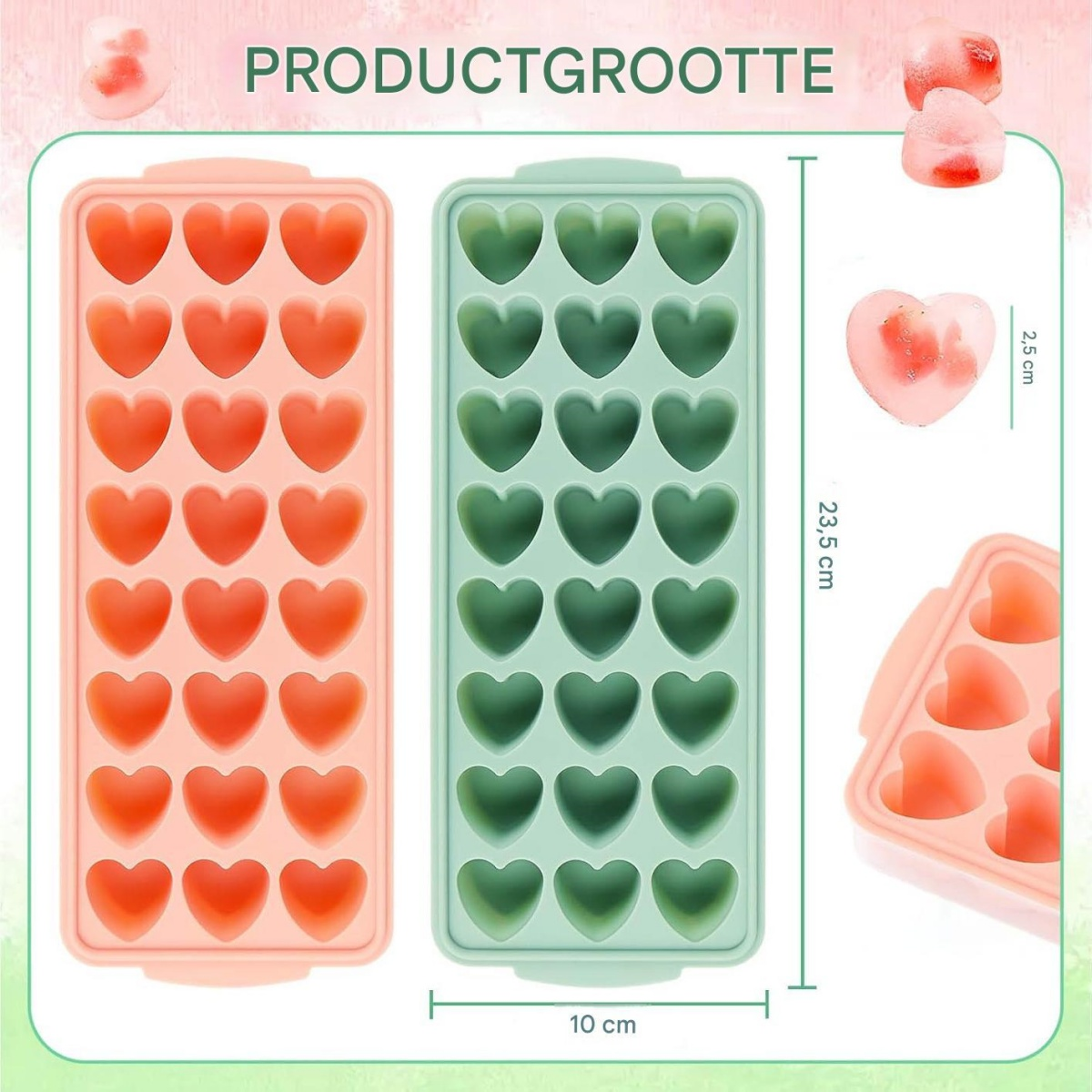 Zwei herzförmige Eiswürfelformen, eine rosa und eine grüne, nebeneinander.
