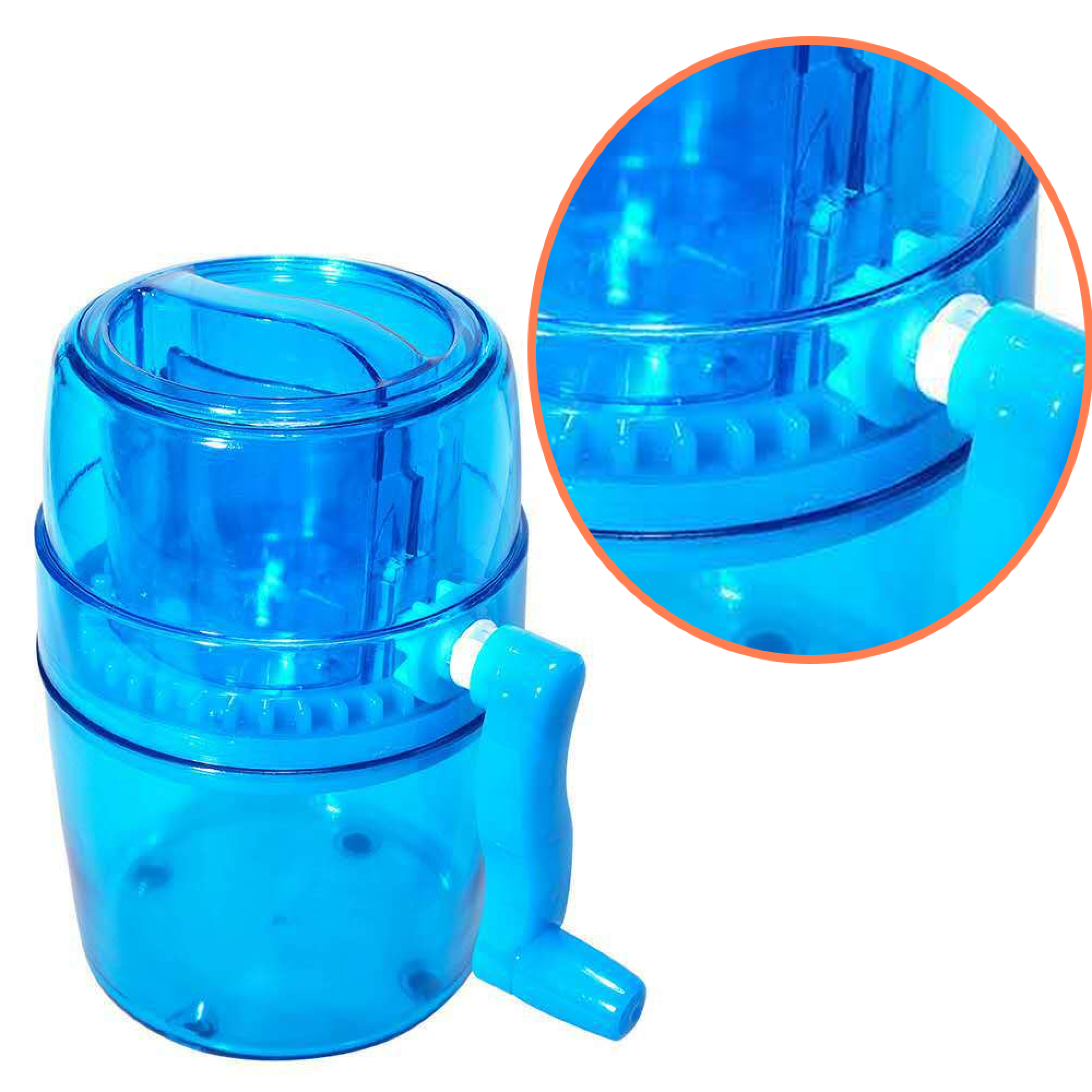 Blaue Eismaschine mit Kurbel und Detailansicht.