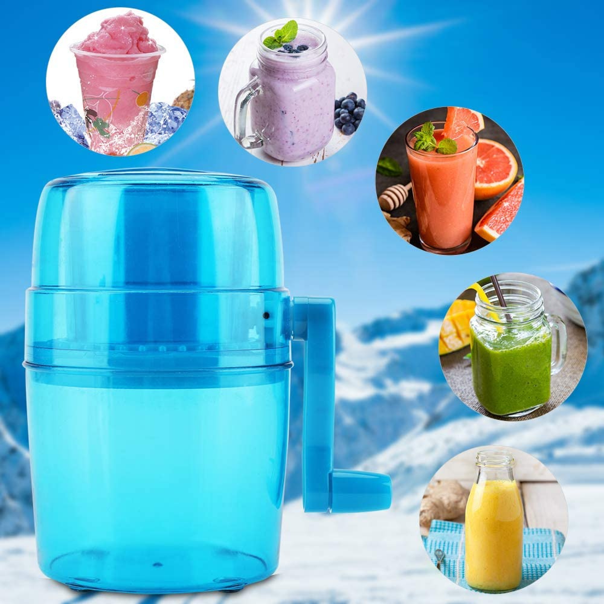 Eine blaue Eismaschine mit verschiedenen Fruchtgetränken und Eiswürfeln im Hintergrund.