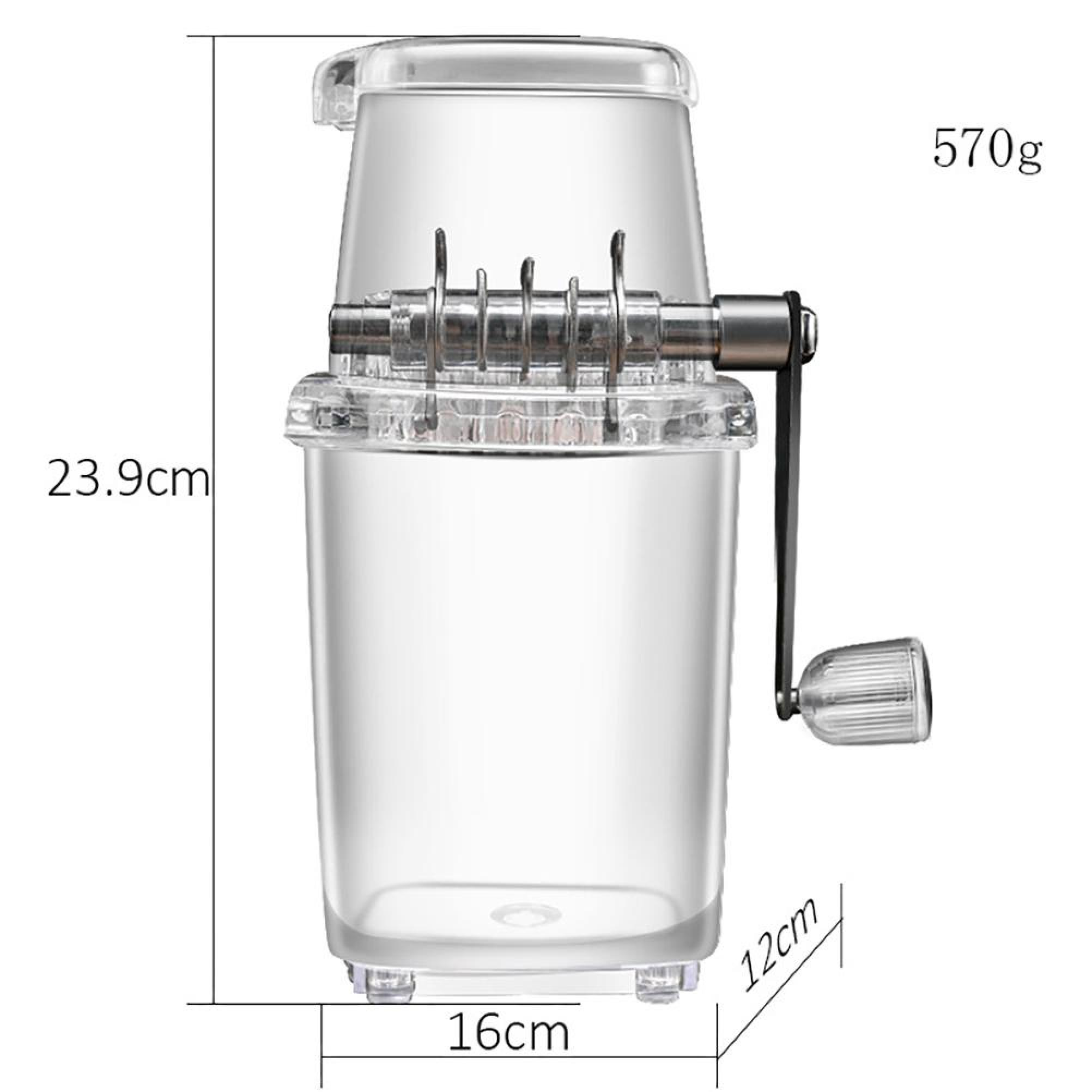 Ein transparenter Eiszerkleinerer mit Kurbel und Maßen.