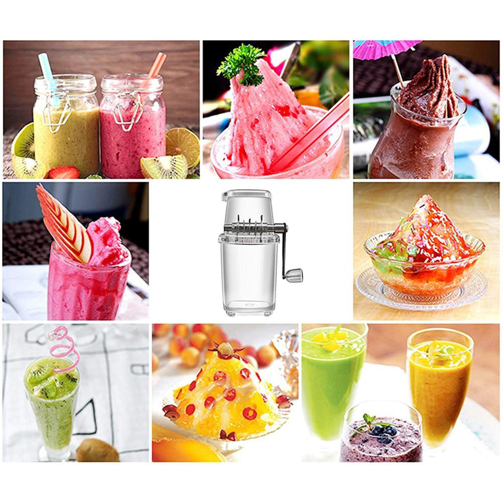 Eine Collage aus verschiedenen Getränken und Desserts, darunter Smoothies, Eis und ein manueller Eiscrusher.