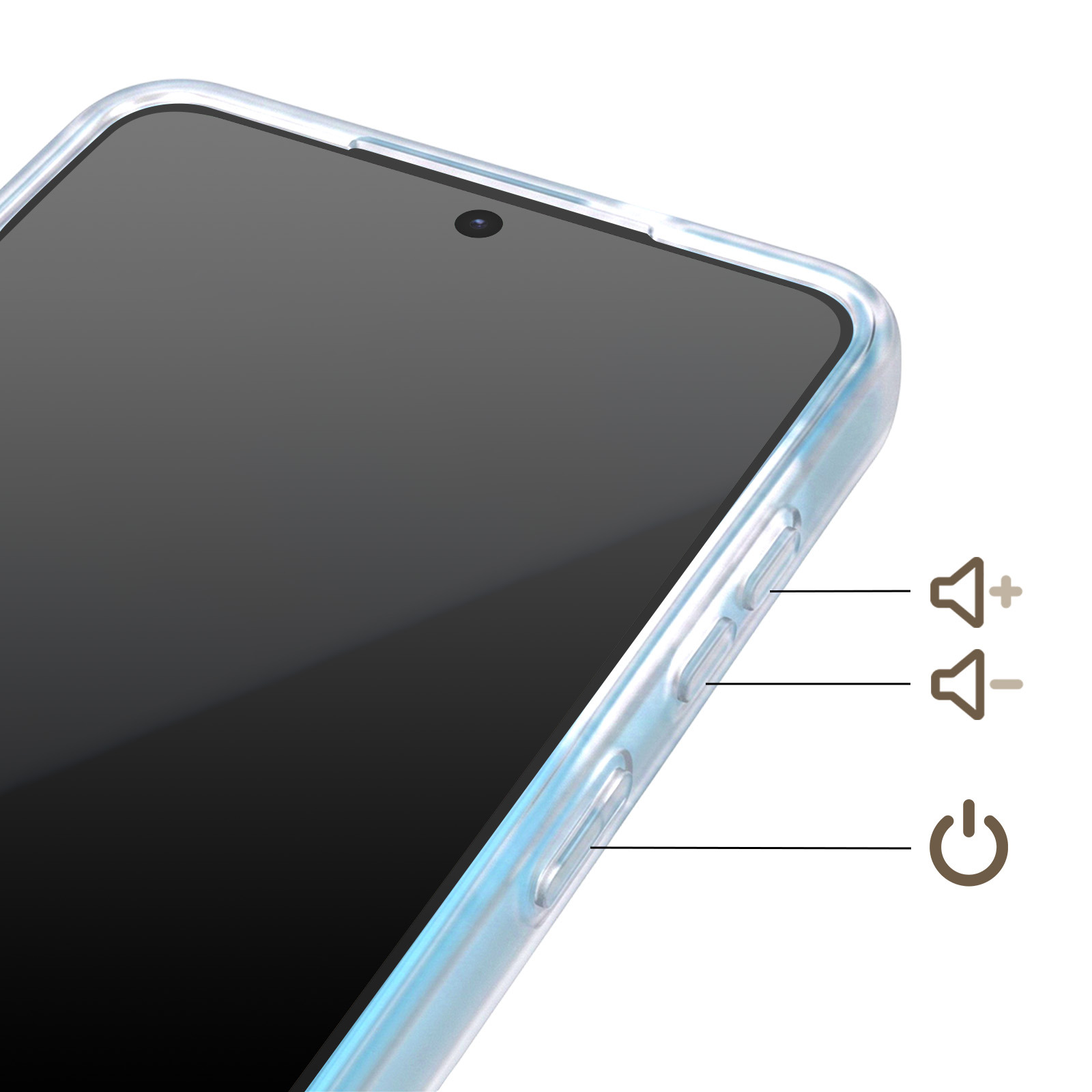 Nahaufnahme eines Smartphones mit klarer Hülle, Lautstärke- und Einschalttaste.