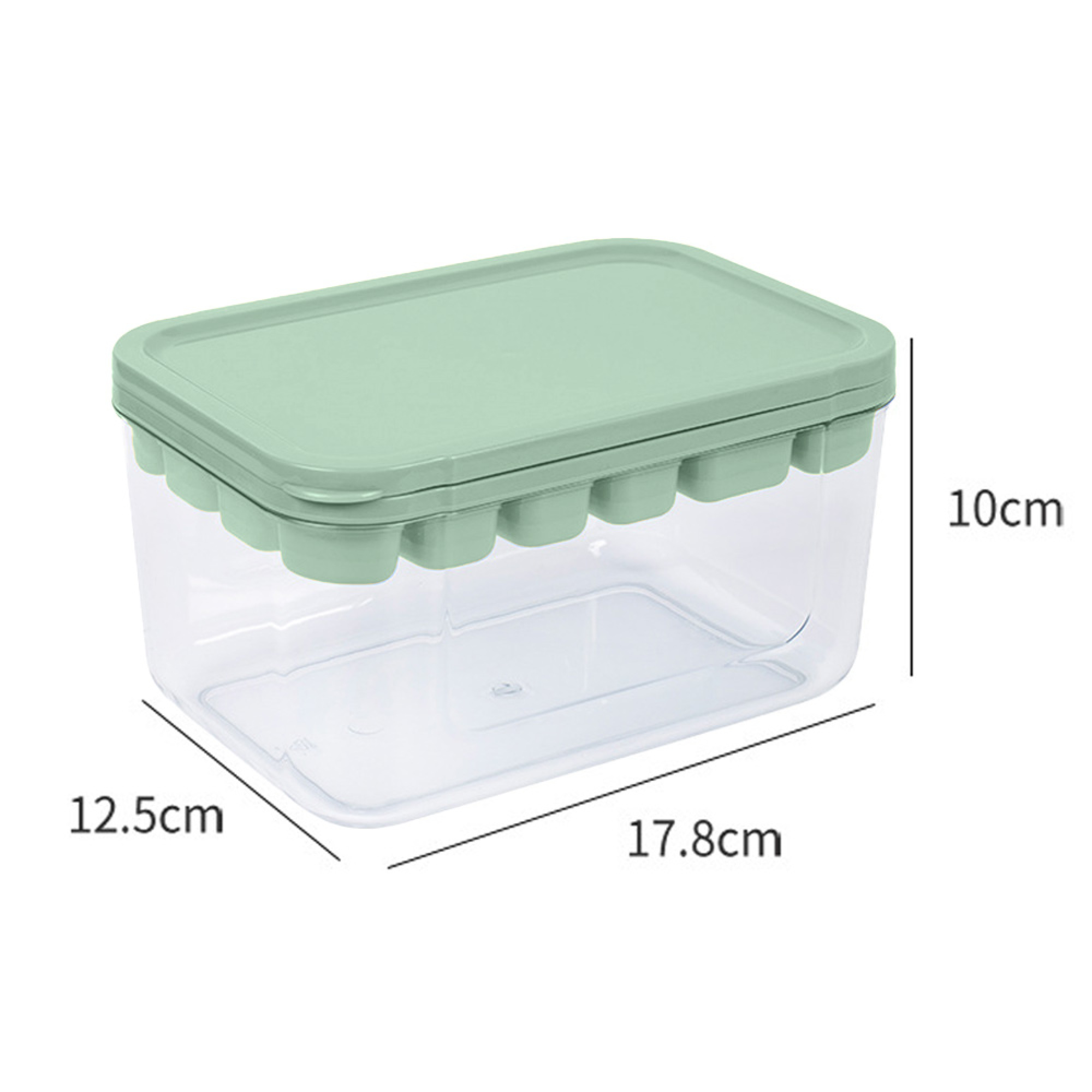 Ein transparenter Behälter mit einem hellgrünen Deckel und Eiswürfelformen.