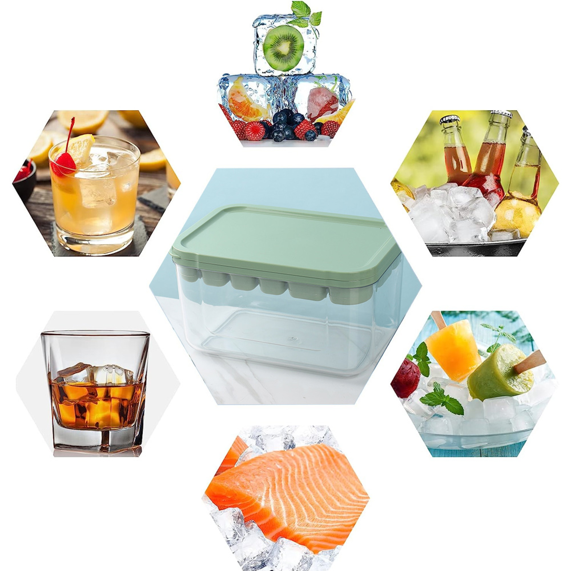 Ein Eiswürfelbehälter mit grünem Deckel, daneben verschiedene Getränke, Eis, Obst und Lachs.