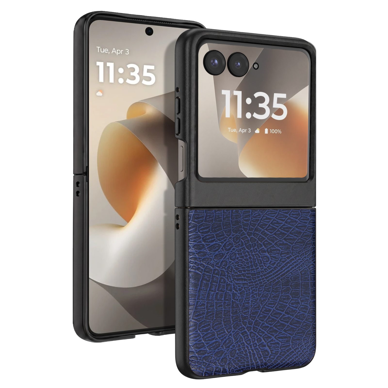 Un teléfono plegable azul con textura de cocodrilo y marco negro.