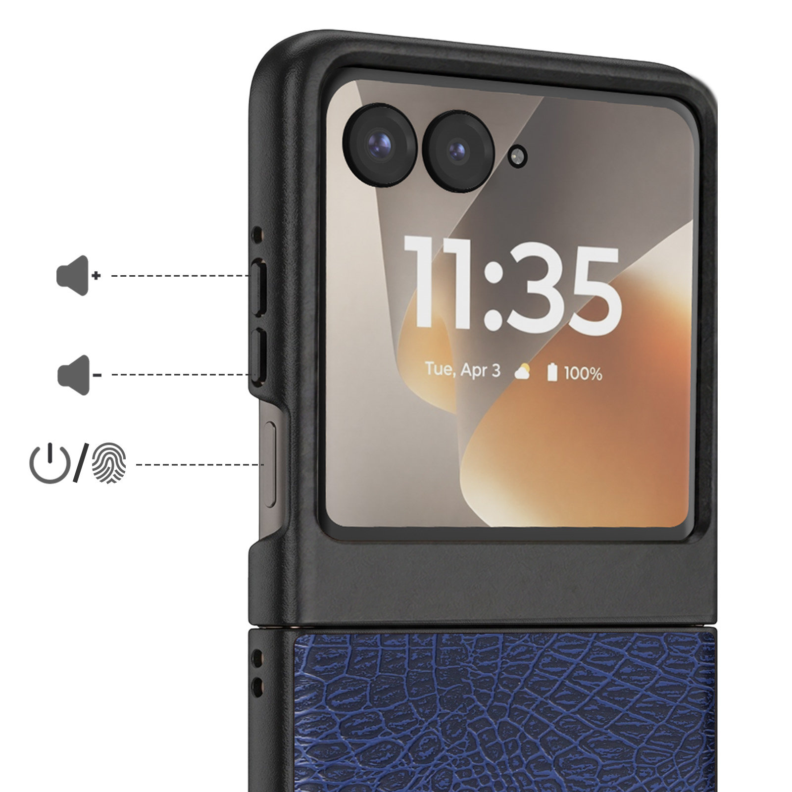 Una funda negra para teléfono plegable con textura de cuero de cocodrilo azul abajo y pantalla.