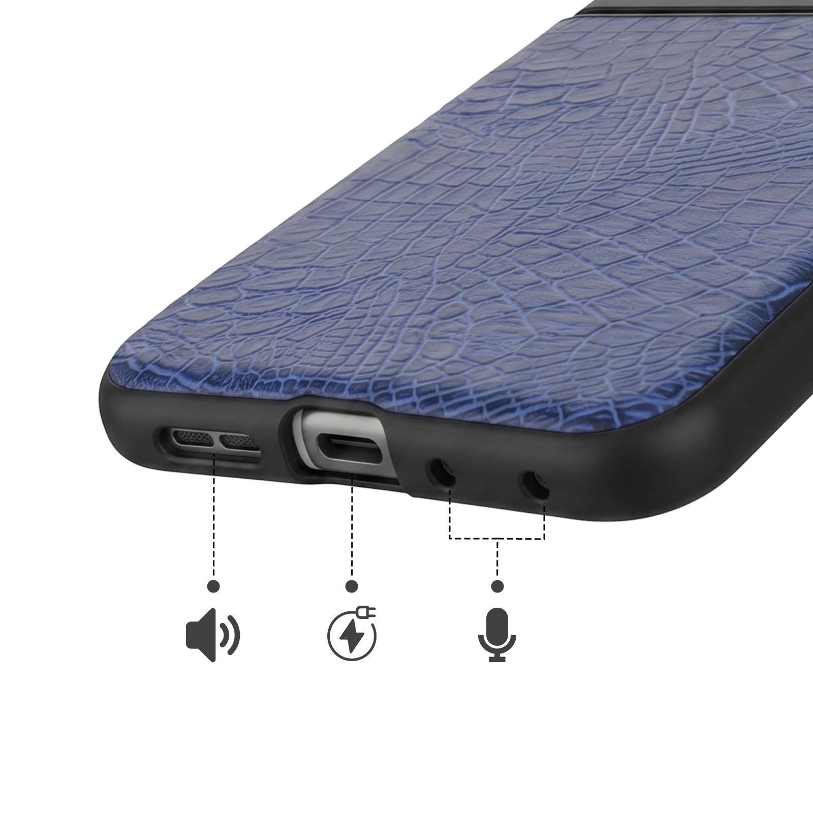 Funda de teléfono azul con textura de cuero de cocodrilo y puertos resaltados.