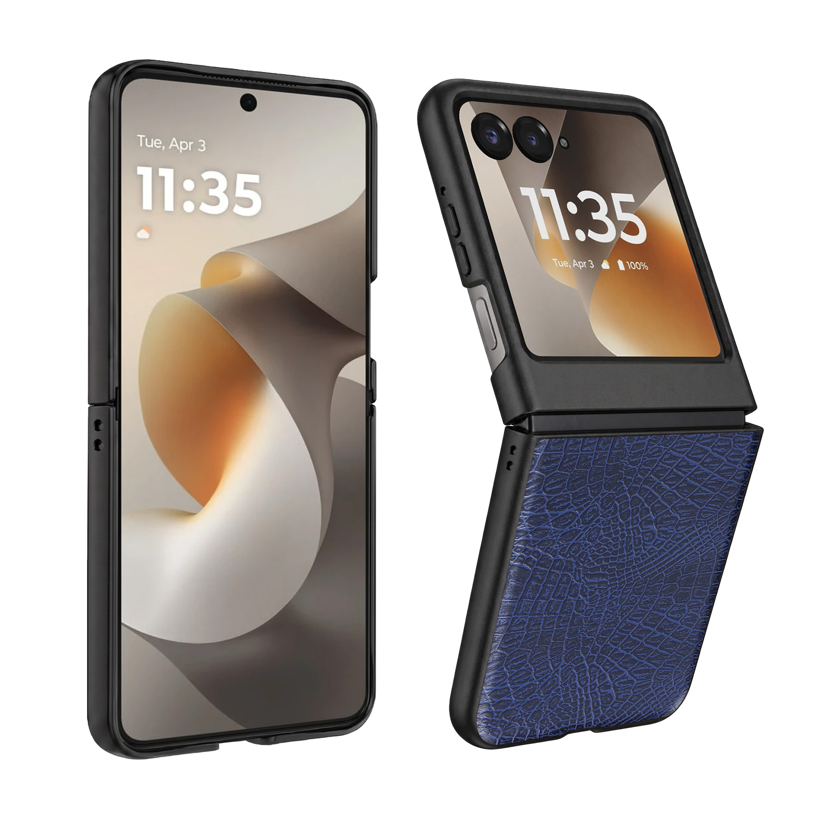 Un teléfono plegable abierto y cerrado, con patrón de cocodrilo azul.