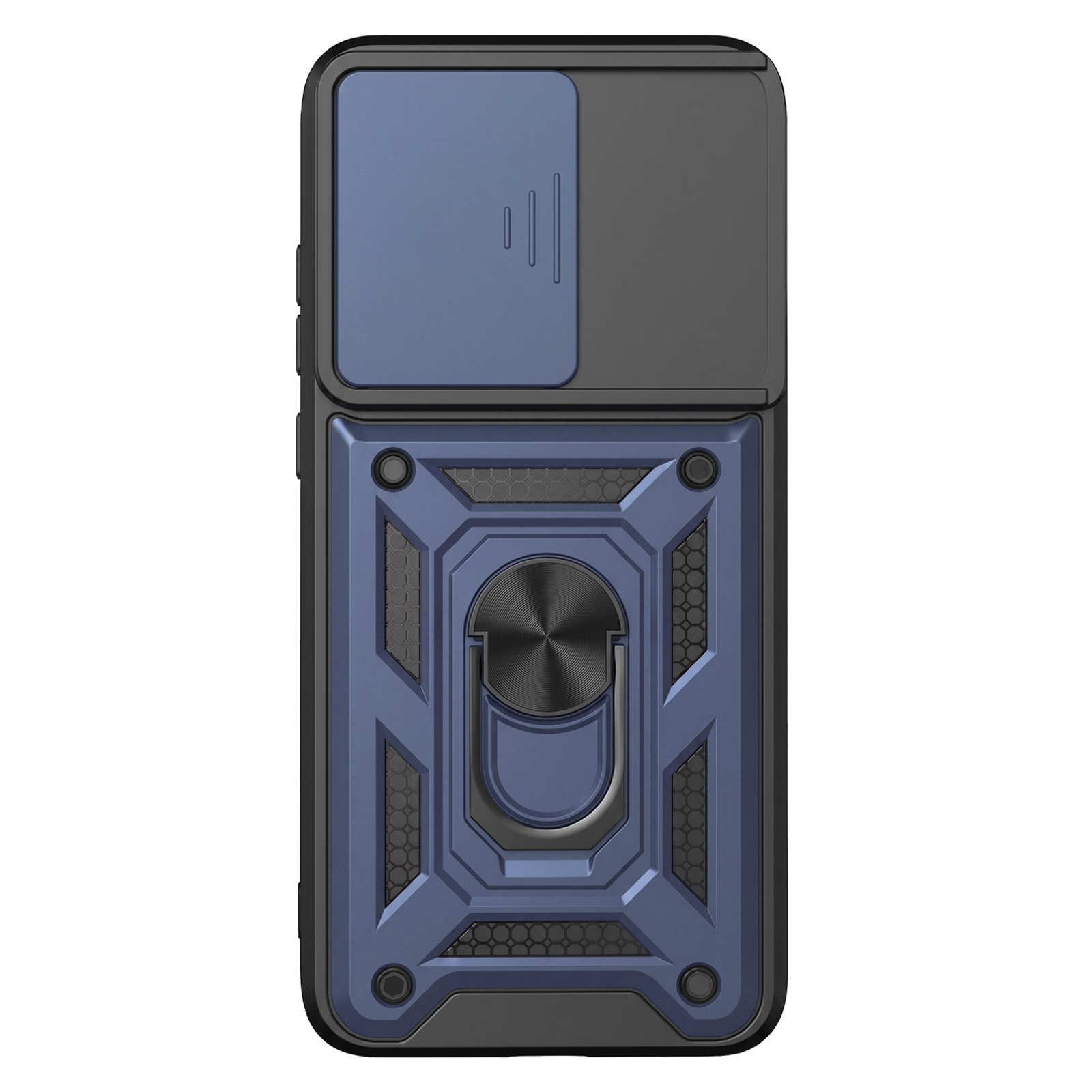 Una funda de teléfono azul y negra con tapa deslizante para cámara y soporte de anillo.