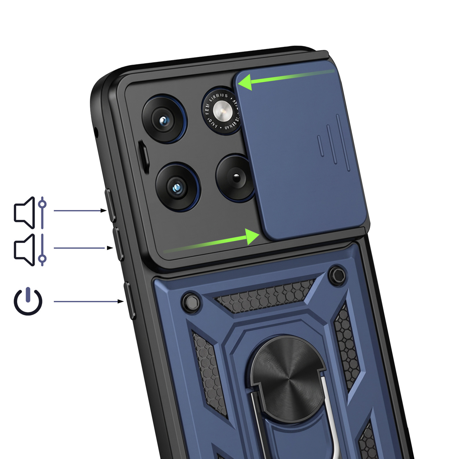 Funda azul para teléfono con tapa deslizante para cámara, soporte de anillo y botones.