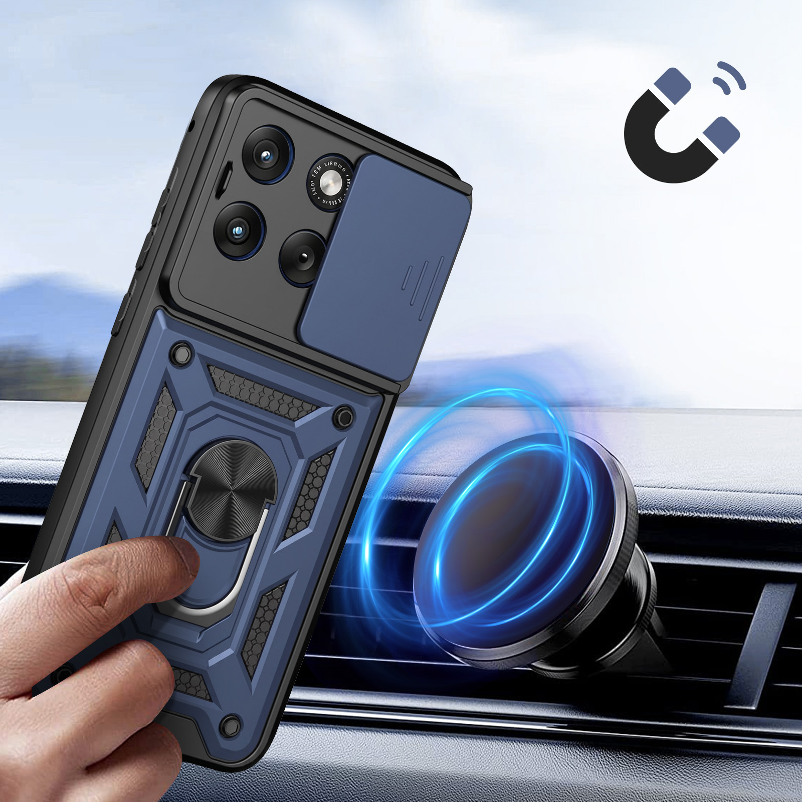 Funda de teléfono con imán y soporte de anillo en un coche.