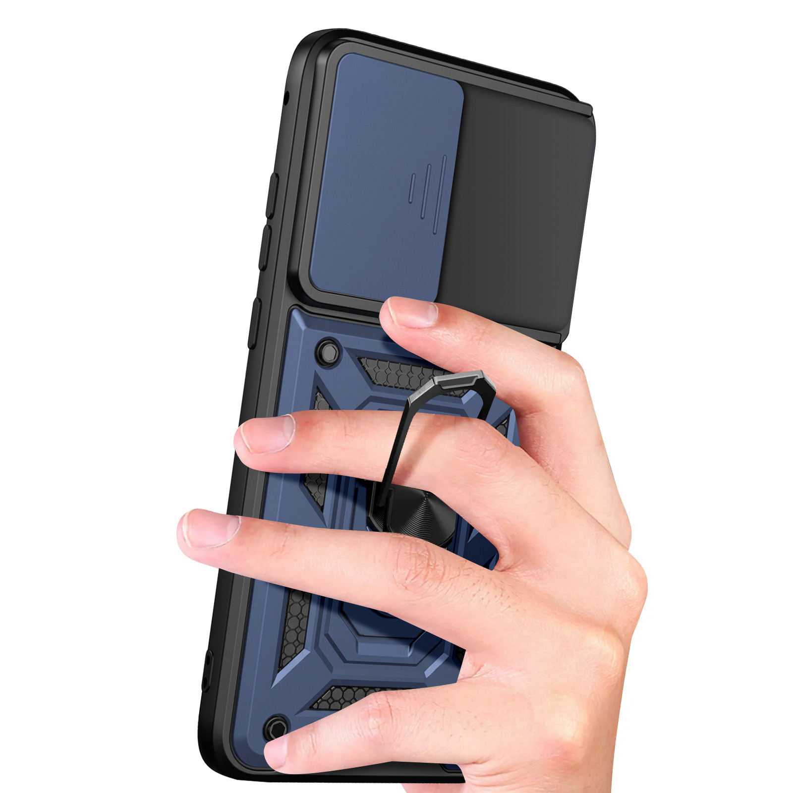 Mano sosteniendo una funda de teléfono azul y negra con soporte de anillo. La funda tiene cubierta deslizante.
