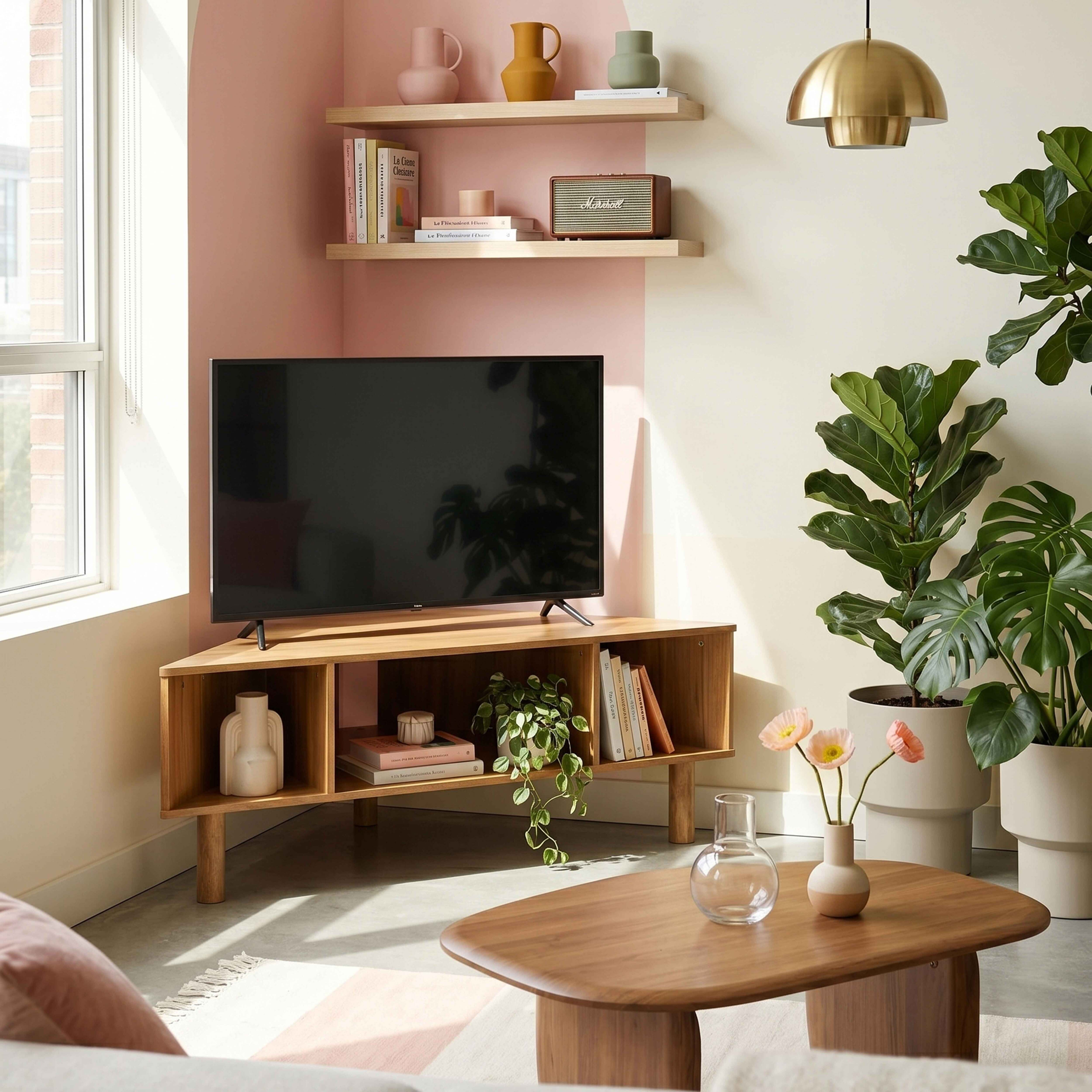 Modernes Wohnzimmer mit TV, Pflanzen, Blumen und Holzmöbeln.