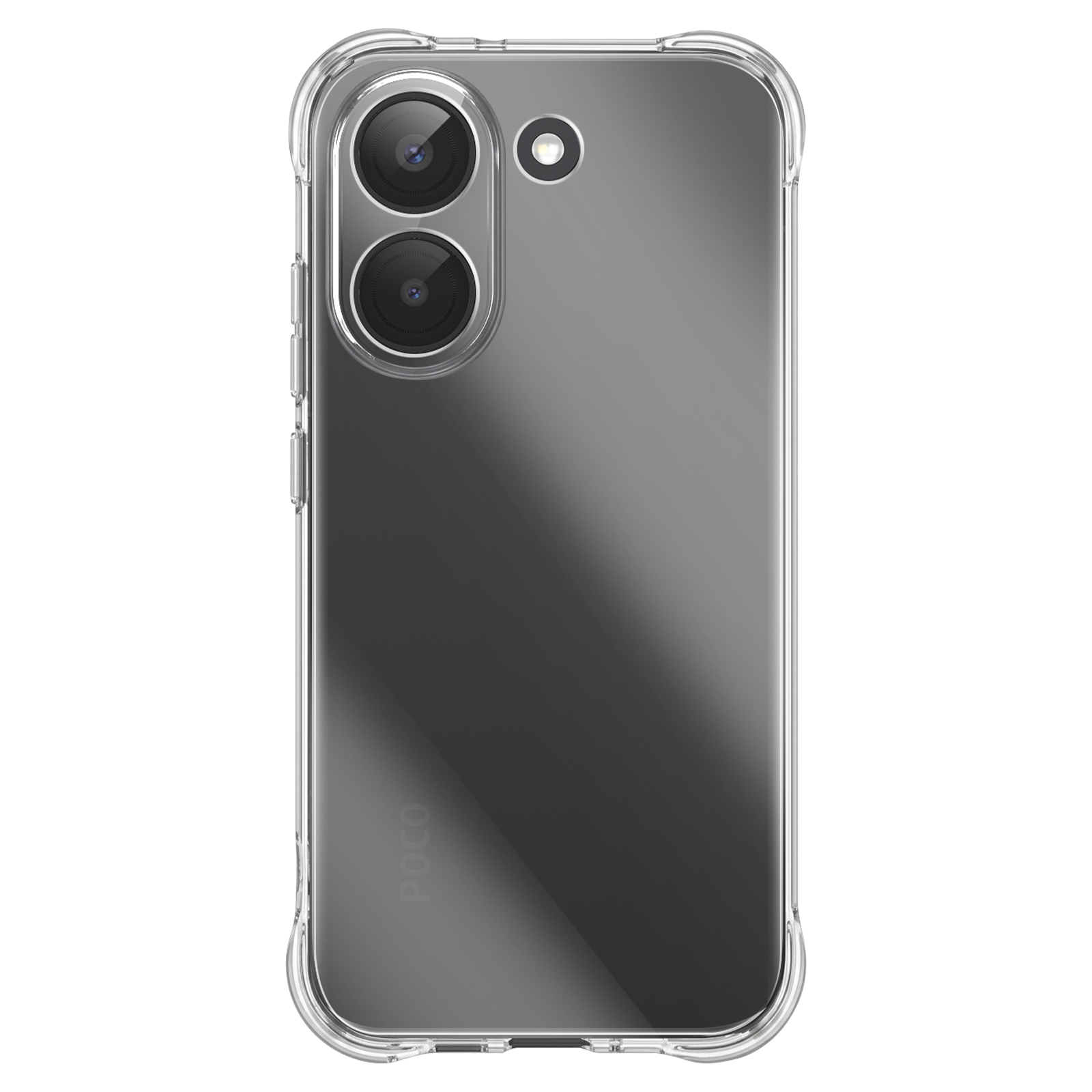 Transparente Hülle für ein Smartphone mit zwei Kameramodulen und Blitz.