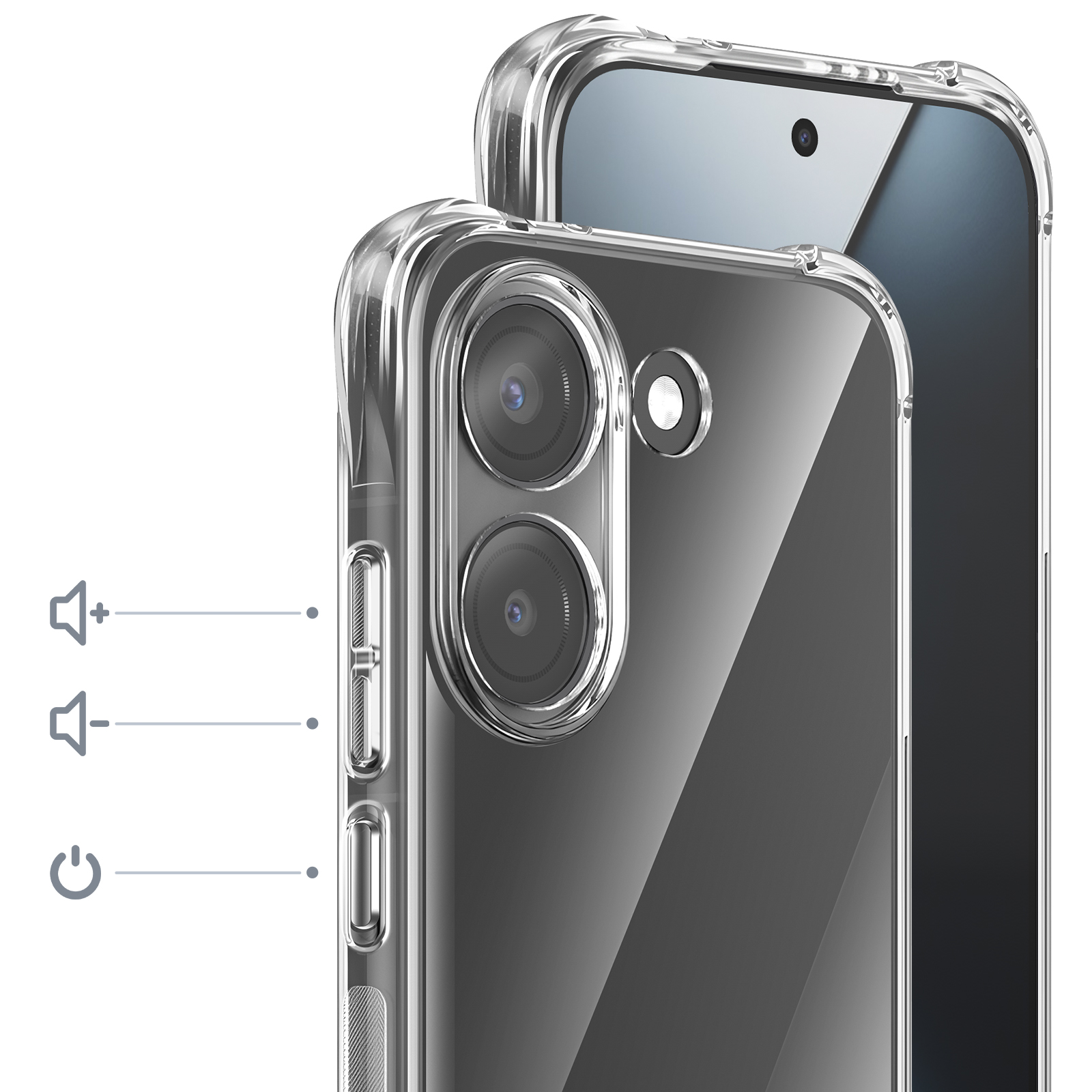 Transparente Hülle auf einem Smartphone mit Kameras und Lautstärketasten.