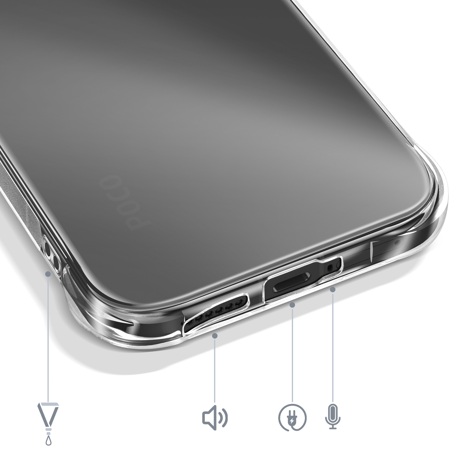 Transparente Handyhülle mit POCO-Logo und Anschlüssen.