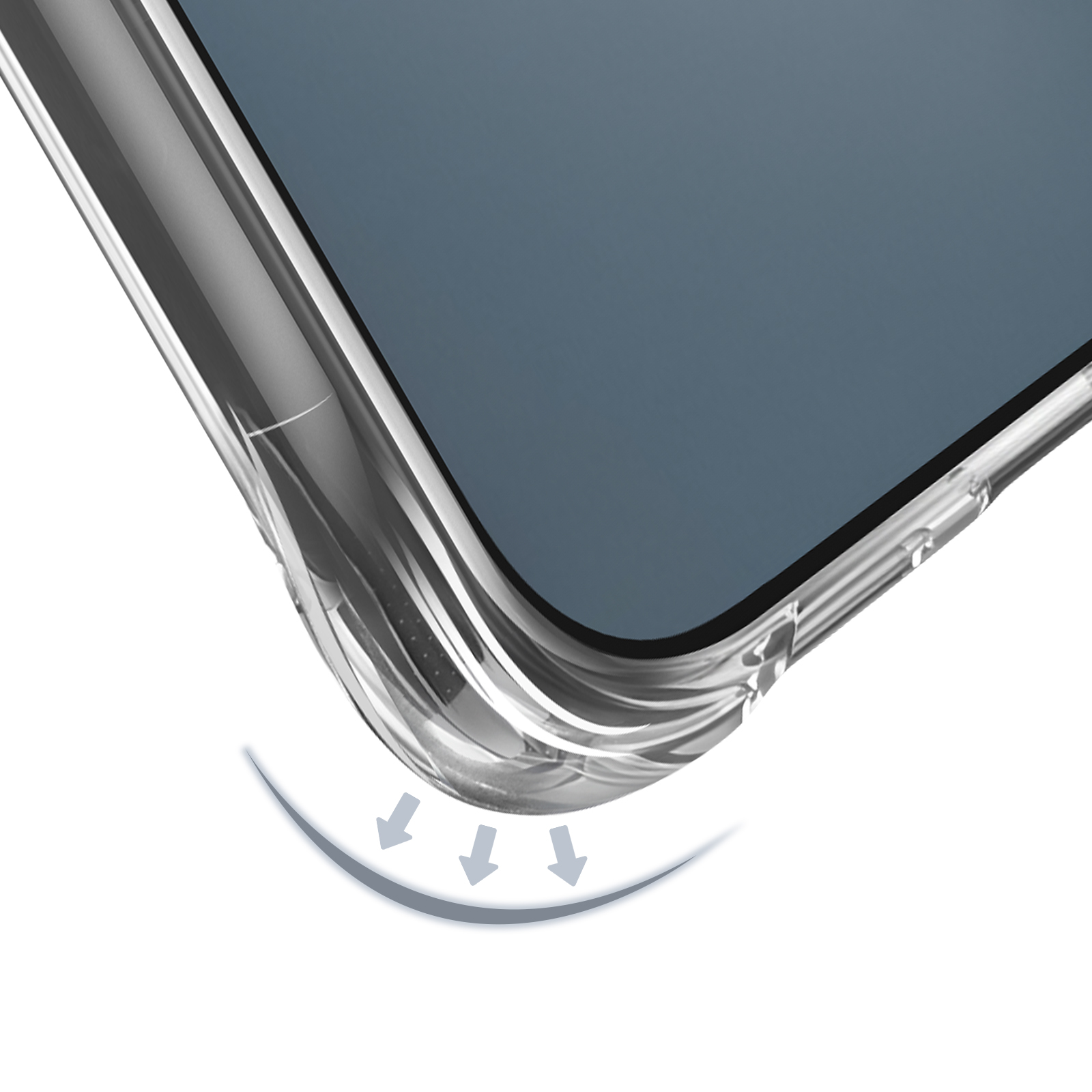 Transparente Handyhülle mit Stoßschutz-Design und Pfeilen, die nach unten zeigen.