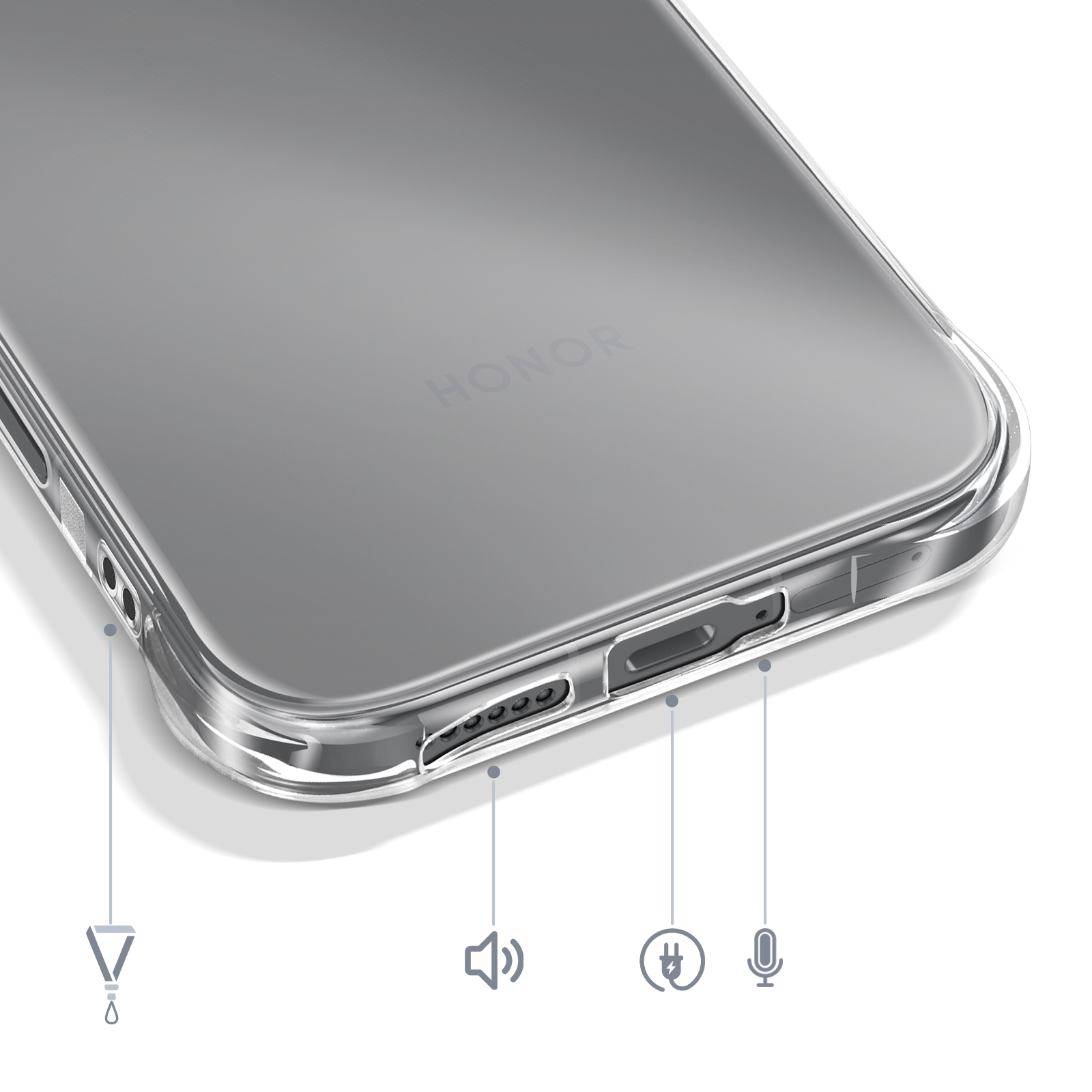 Klare Handyhülle zeigt Anschlüsse: Kopfhörerbuchse, USB-C, Lautsprecher, Mikrofon.