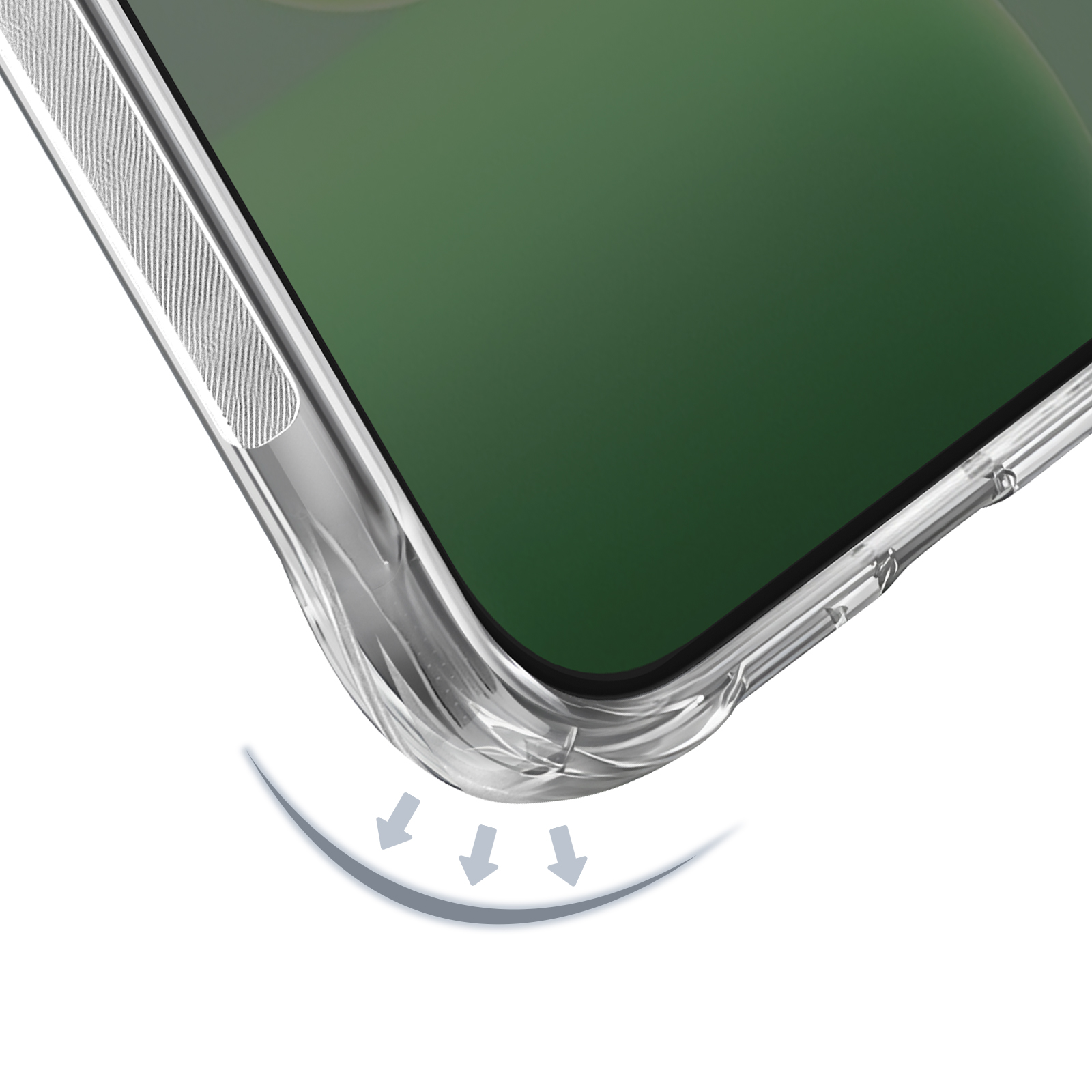 Transparente Handyhülle mit stoßdämpfendem Design und Pfeilen.
