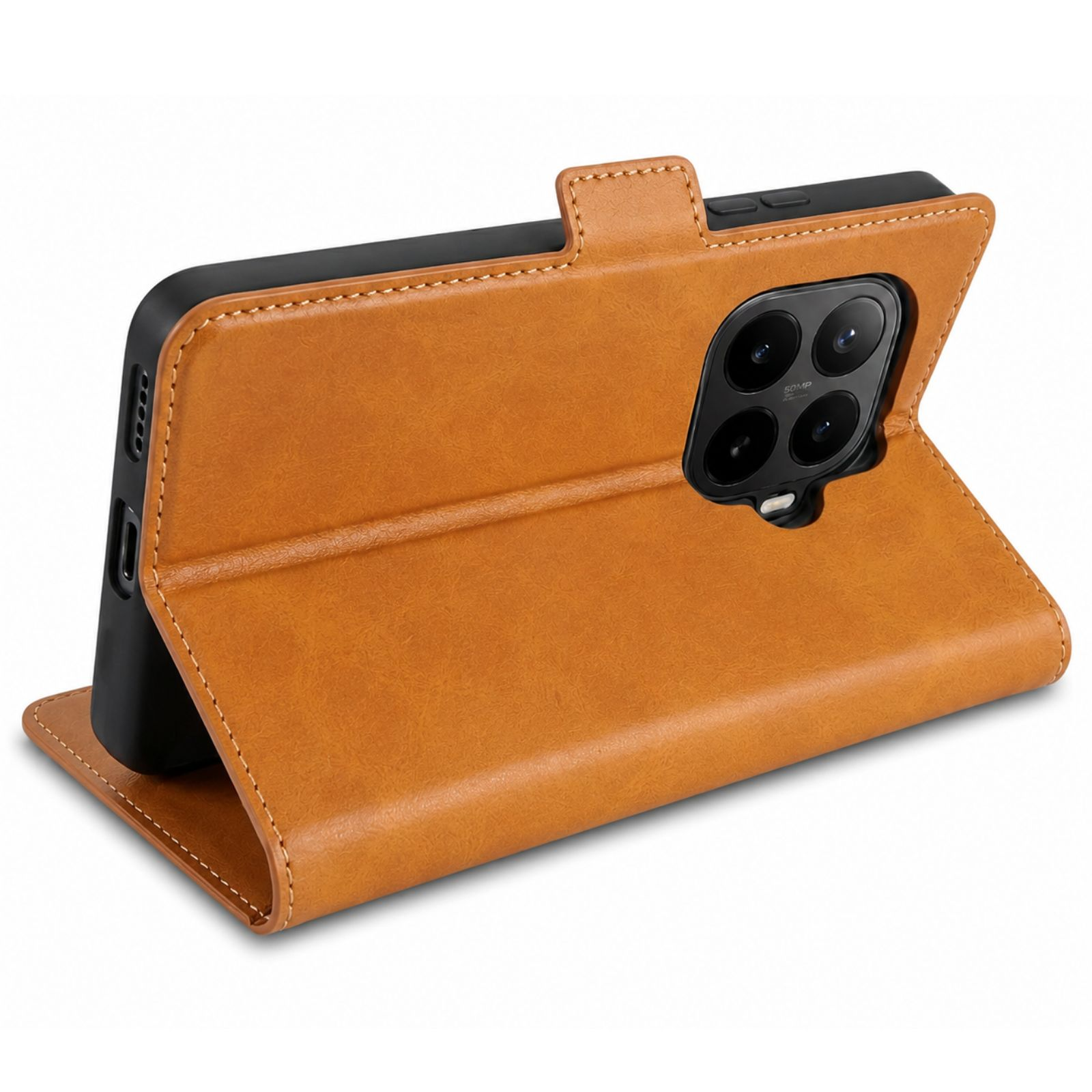 Braune Lederhülle für ein Smartphone, offen, mit Kamerablock.