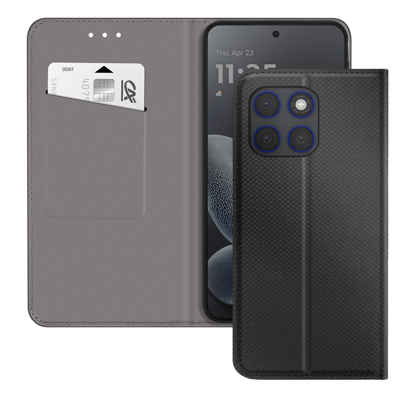 Un smartphone en una funda abatible que sujeta una tarjeta de débito.