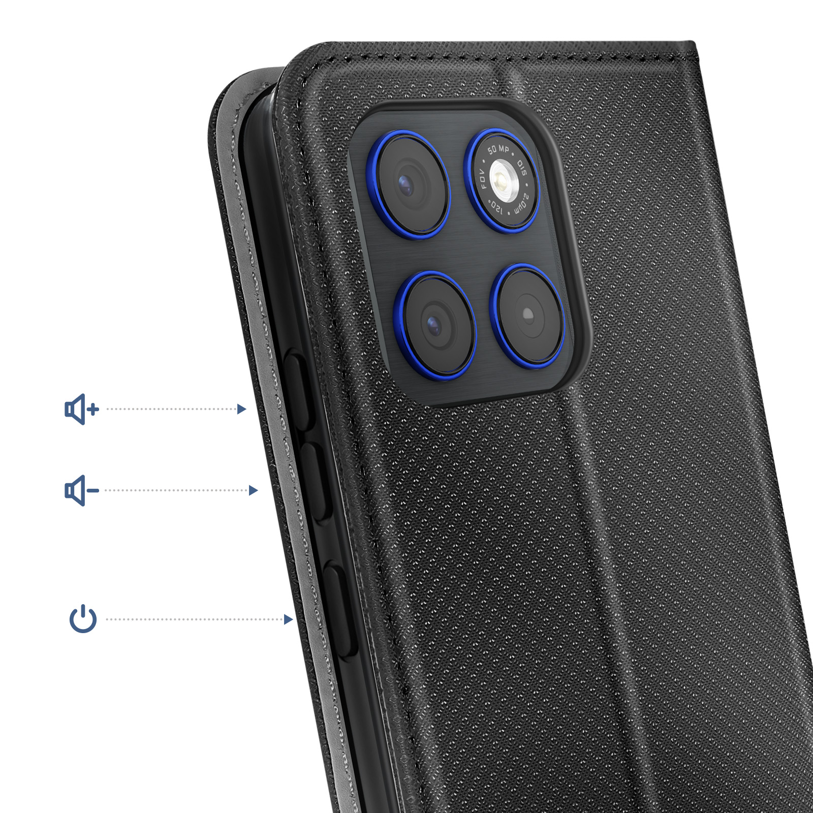 Parte trasera de una funda de teléfono negra con cuatro cámaras y anillos azules.