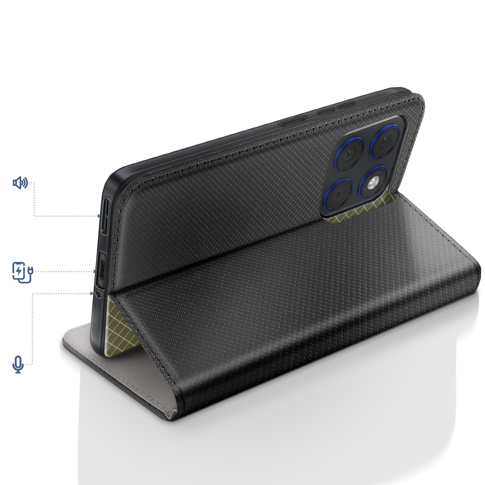 Funda de teléfono negra con patrón a cuadros, abierta, con iconos de altavoz, carga y micrófono.