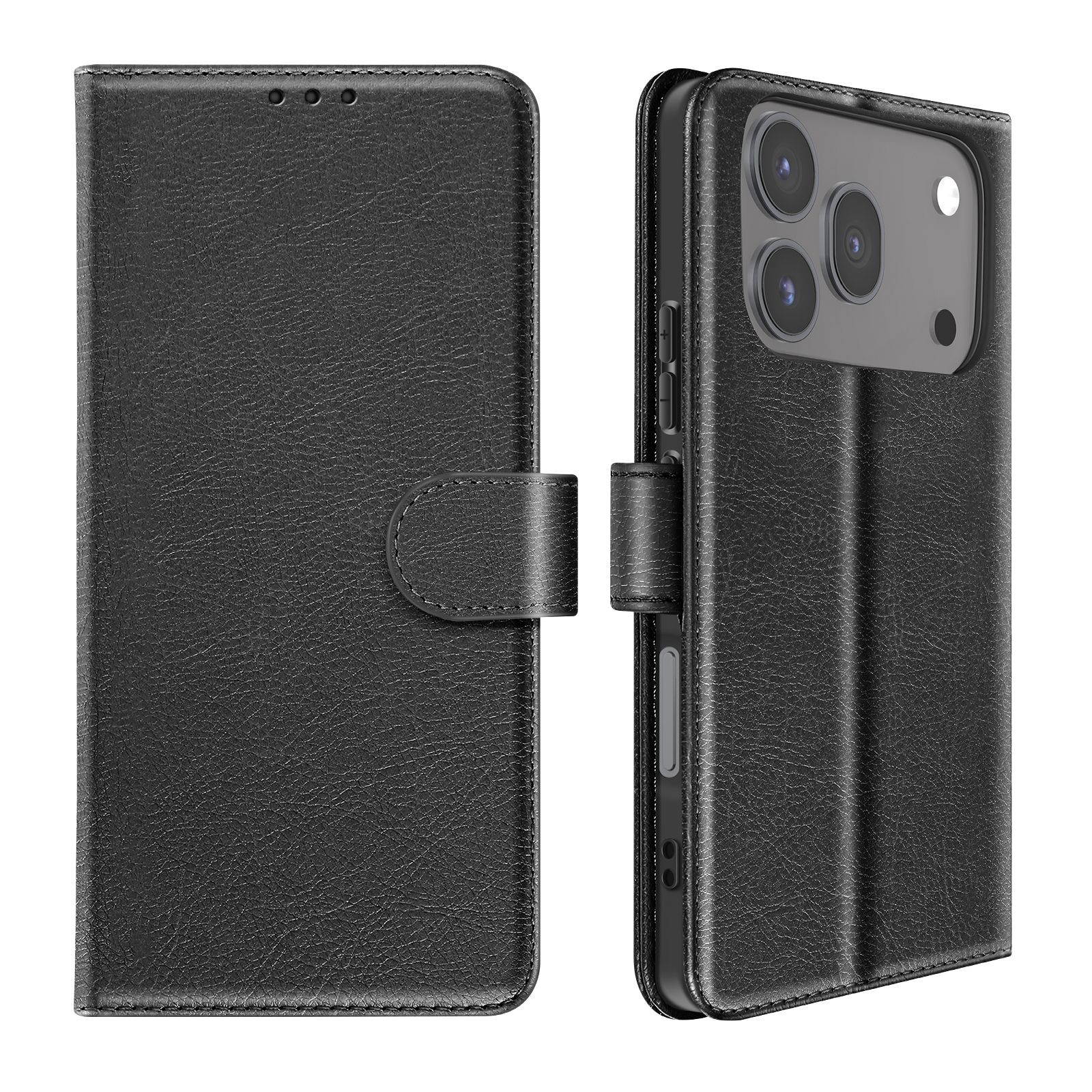 Schwarzes Leder-Flip-Case mit drei Kameralinsen auf der Rückseite.