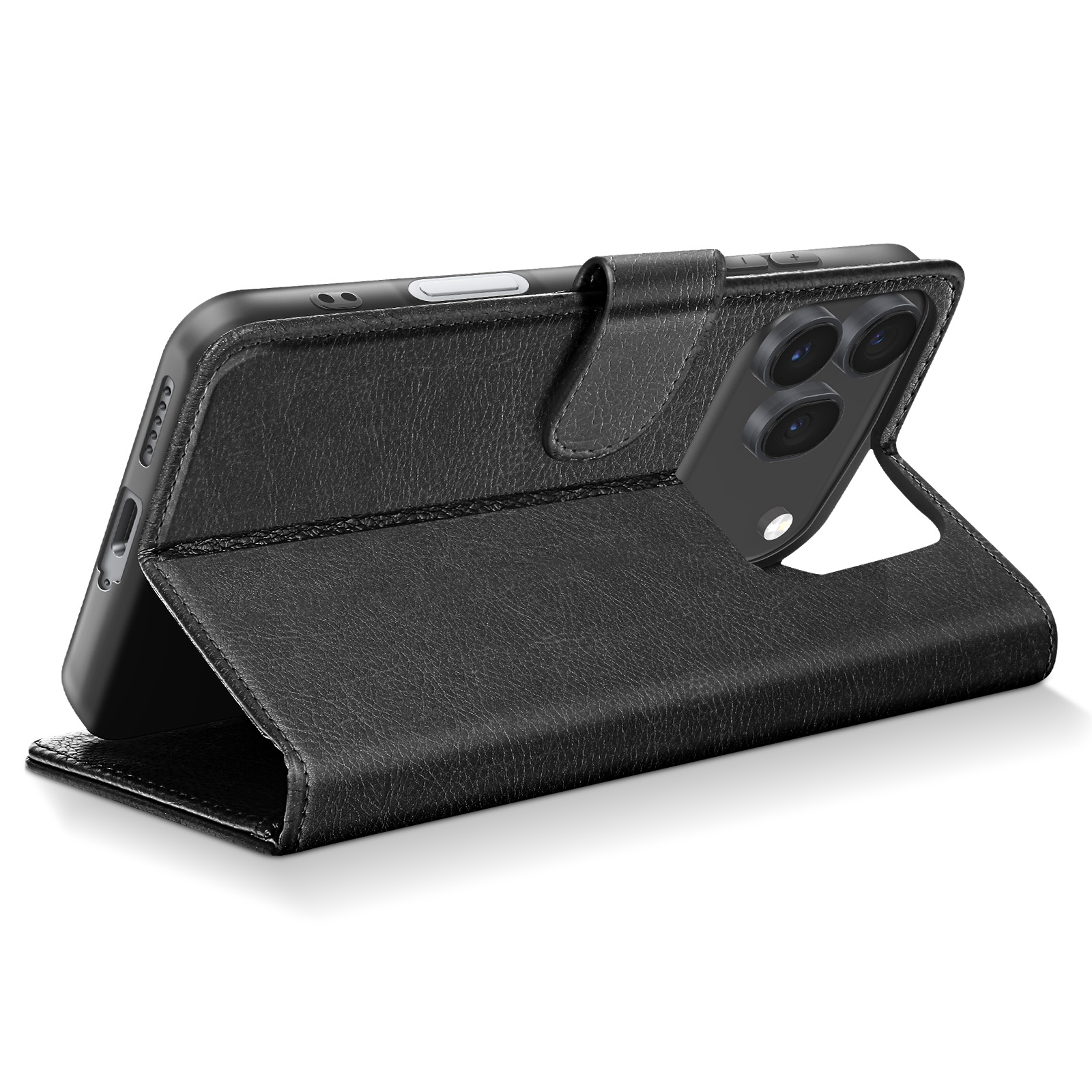 Schwarzes Leder-Flip-Case für ein Smartphone, mit Kameralinsen.