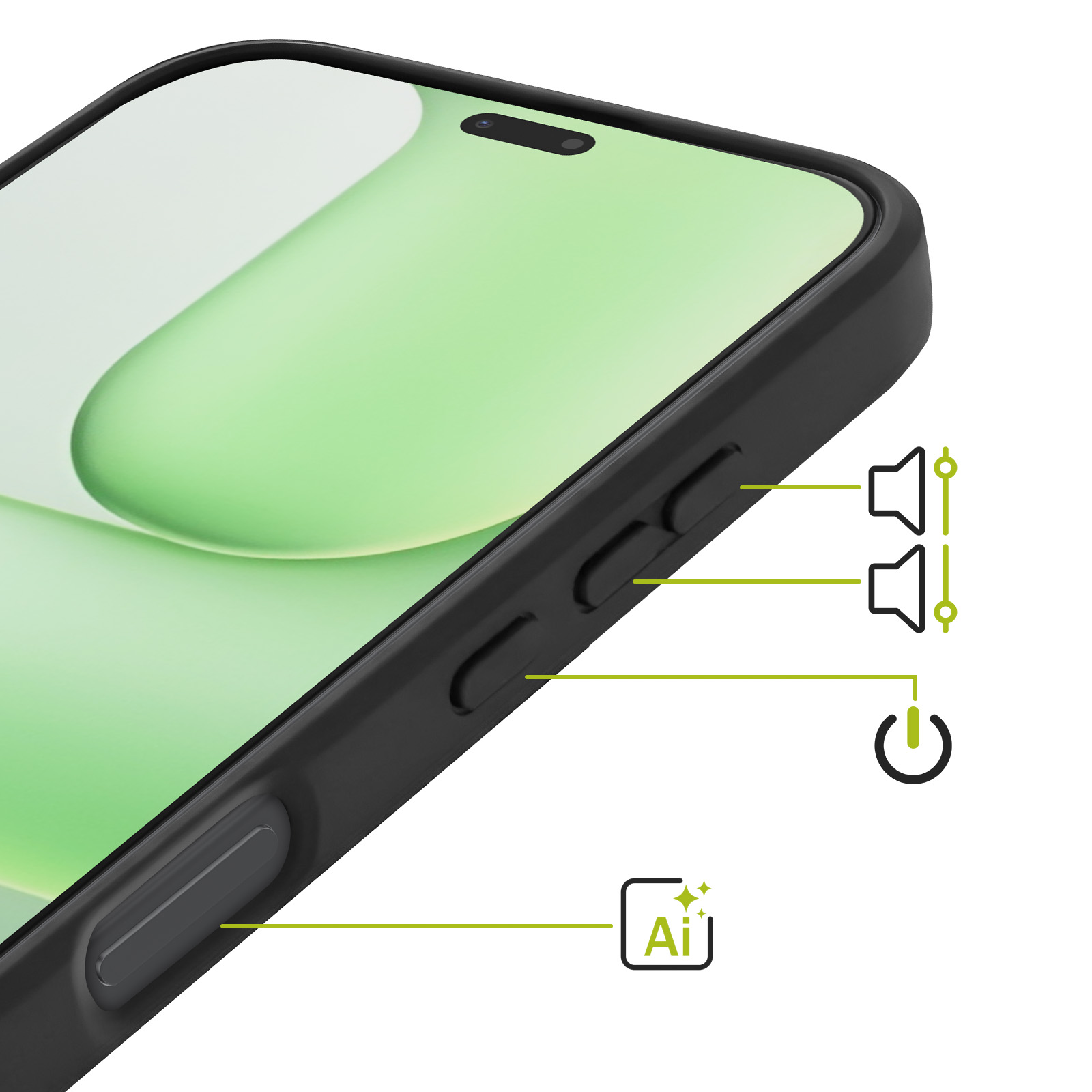 Schwarzes Handy mit Lautstärke- und Power-Symbolen.