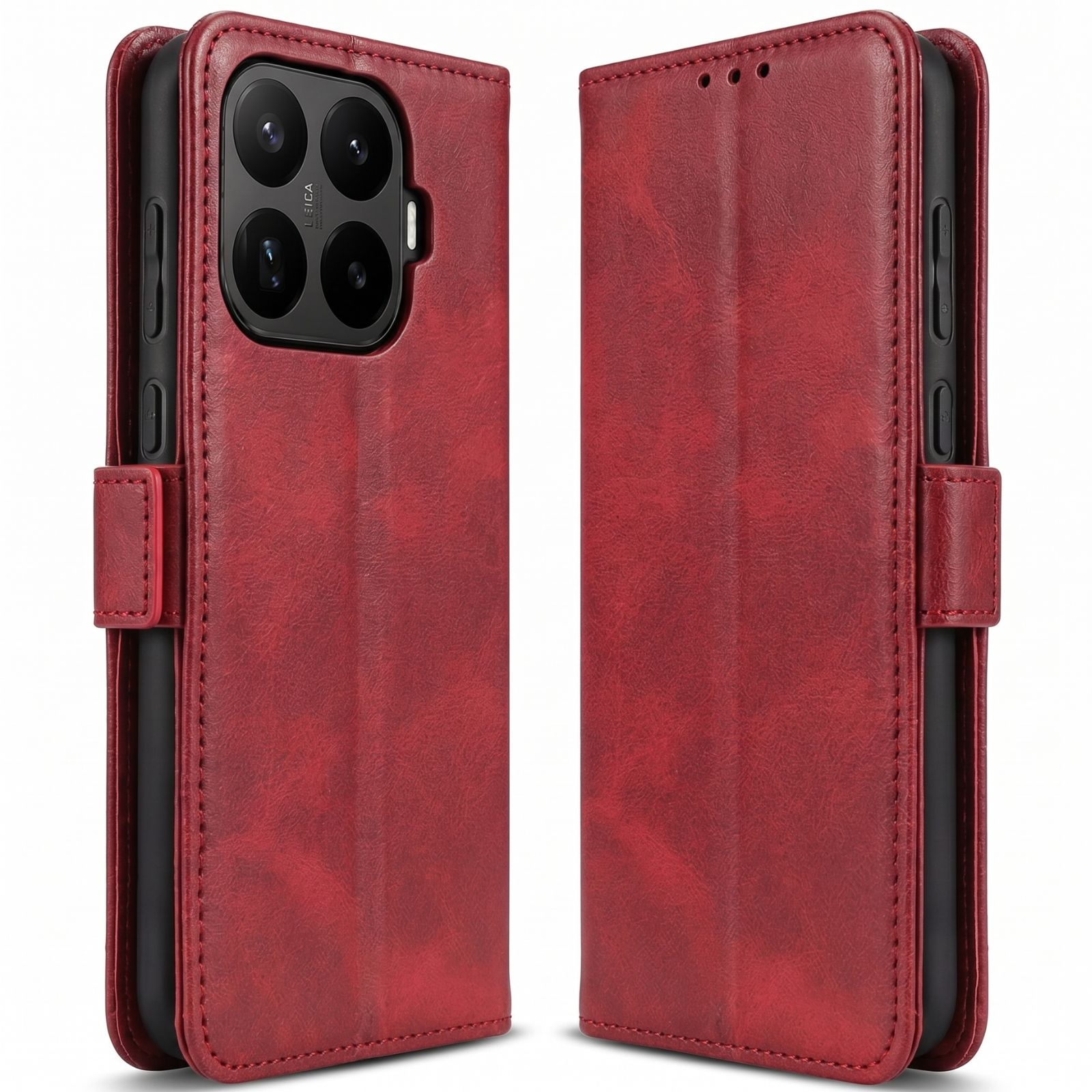 Rote Lederhülle für ein Smartphone mit vierfacher Kamera und Leica-Logo.