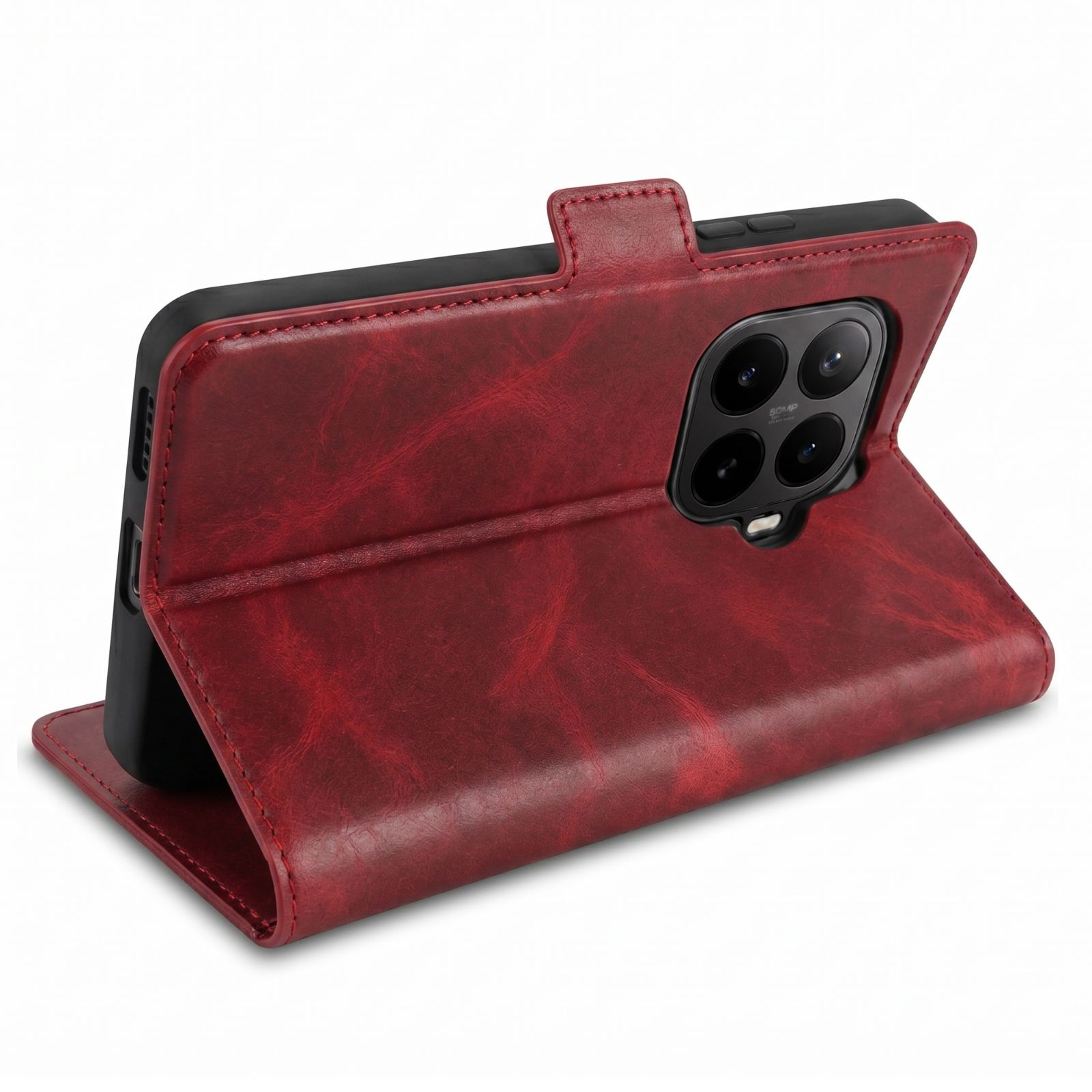 Ein rotes Leder-Flip-Case für ein Smartphone mit vier Kameras.