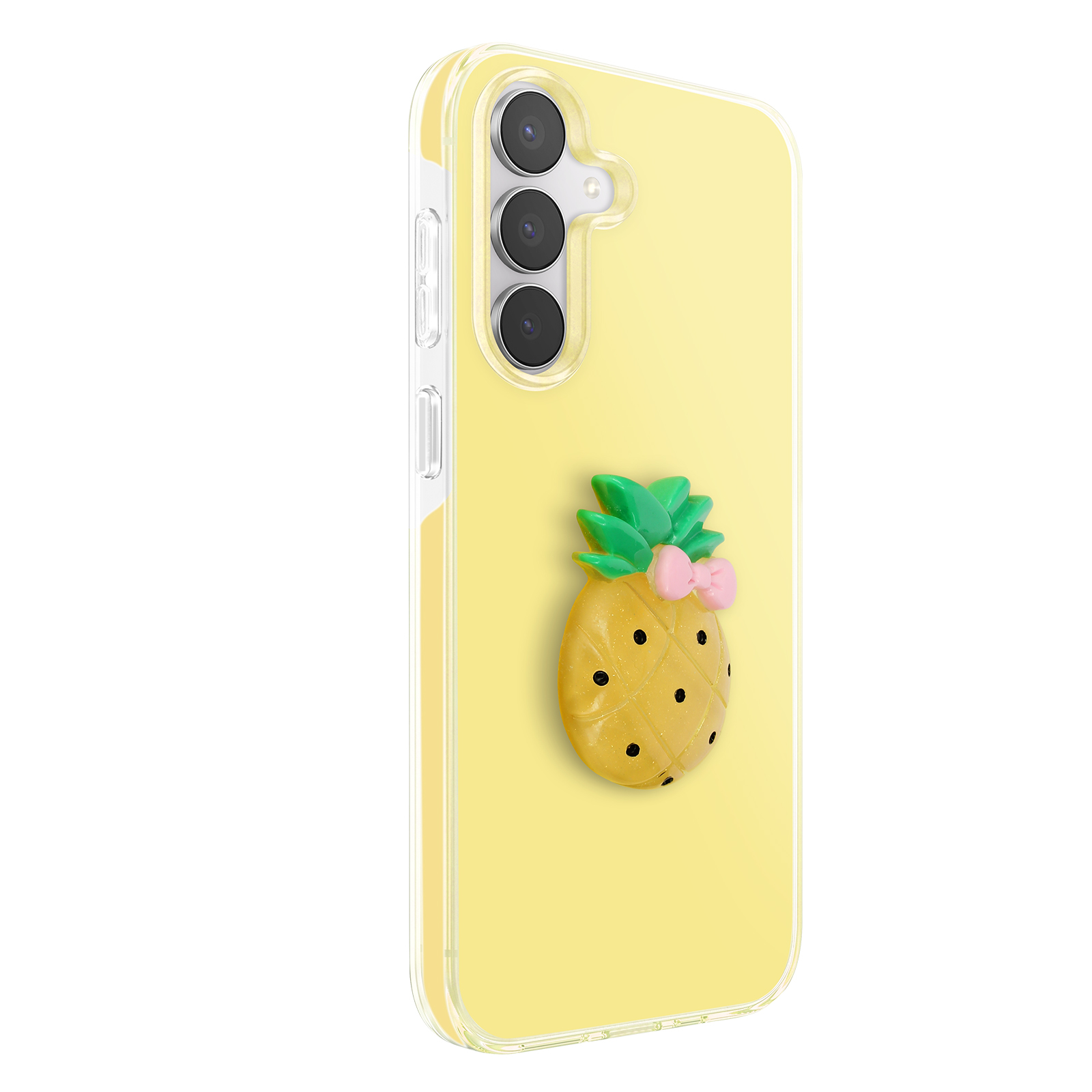 Ein gelbes Handyhülle mit einer Ananas-Dekoration und einem rosa Schleifchen.