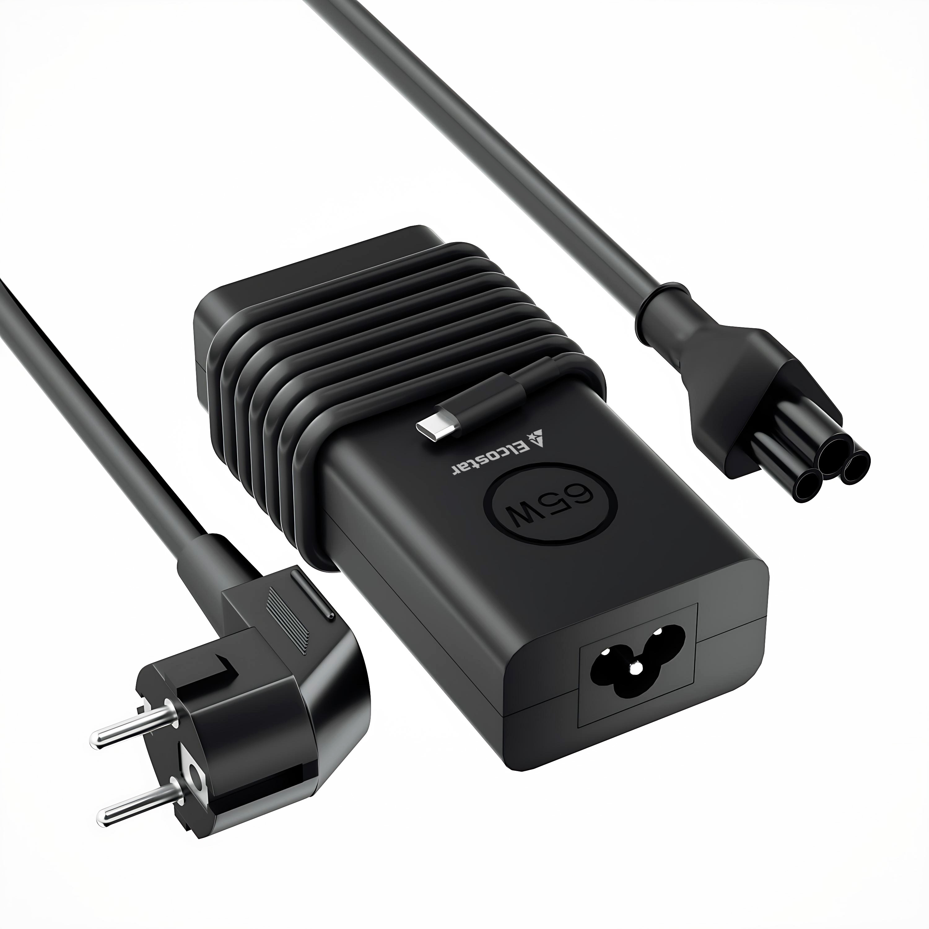 Zwarte 65W laptop stroomadapter met EU-stekker en USB-C kabel.