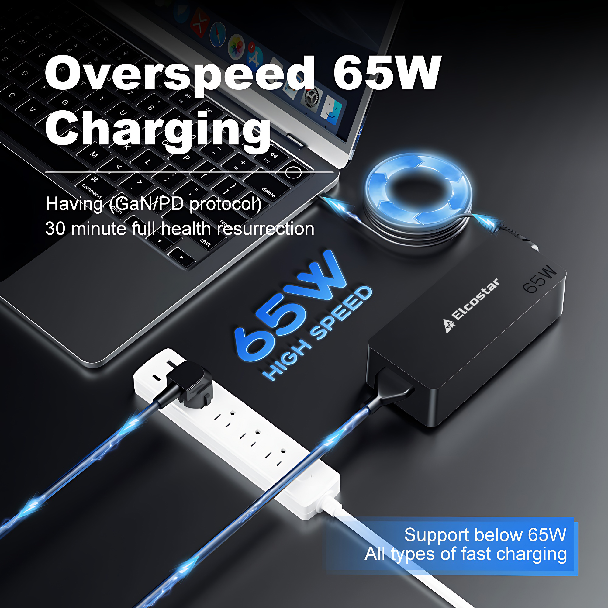 Laptop opladen met 65W snelladen via de voedingsadapter.