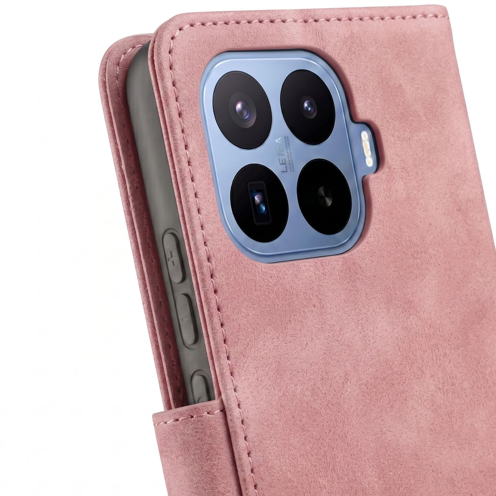 Ein rosa Handyhülle mit einem vierfachen Kamerasystem und Leica-Aufdruck.