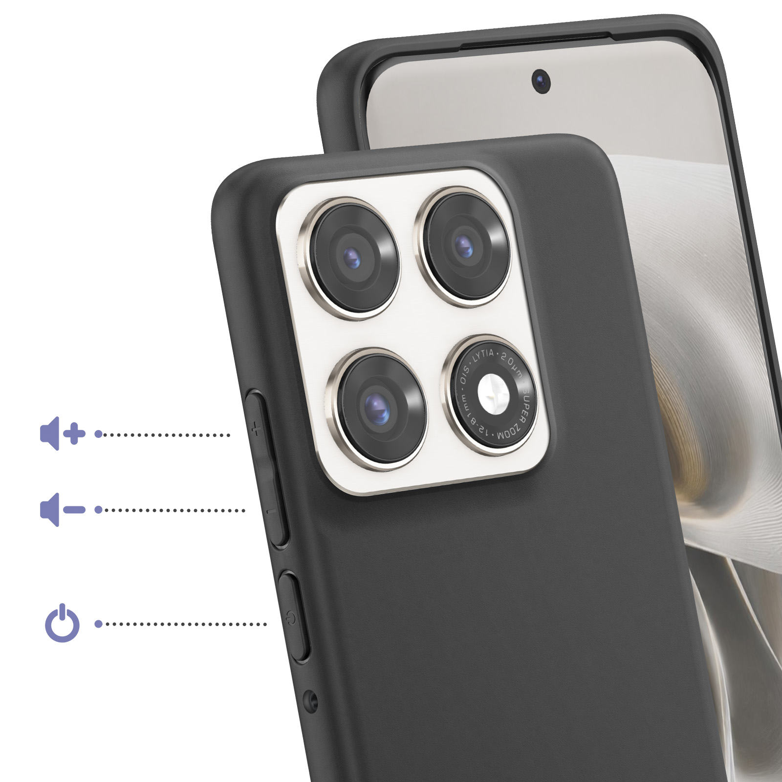 Rückseite eines schwarzen Smartphones mit vier Kameras und Lautstärketasten.